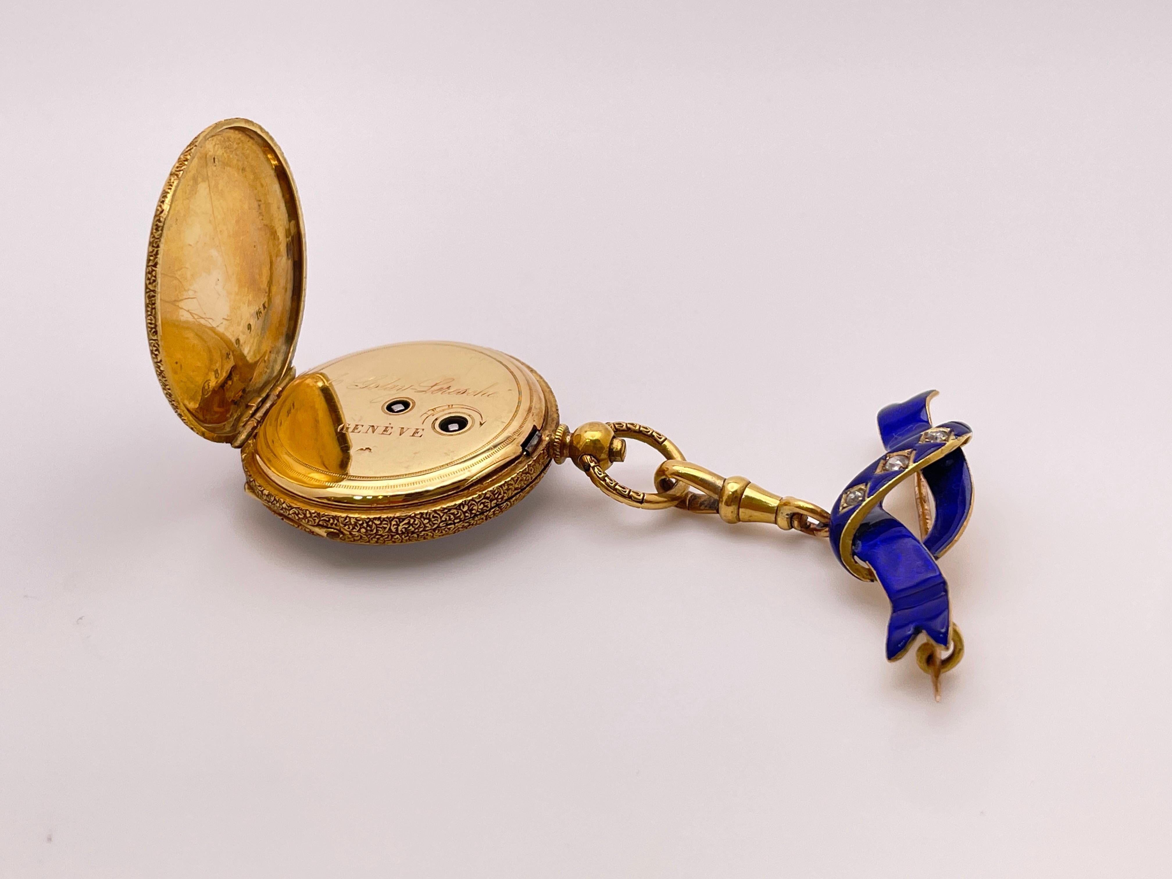Reloj Victoriano Colgante Esmalte Azul Diamante Oro Amarillo 18K en venta 4