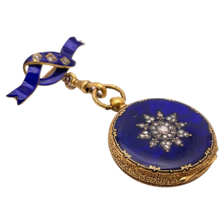 Victorian Blue Enamel Diamond 18K Yellow Gold Pendant Watch For