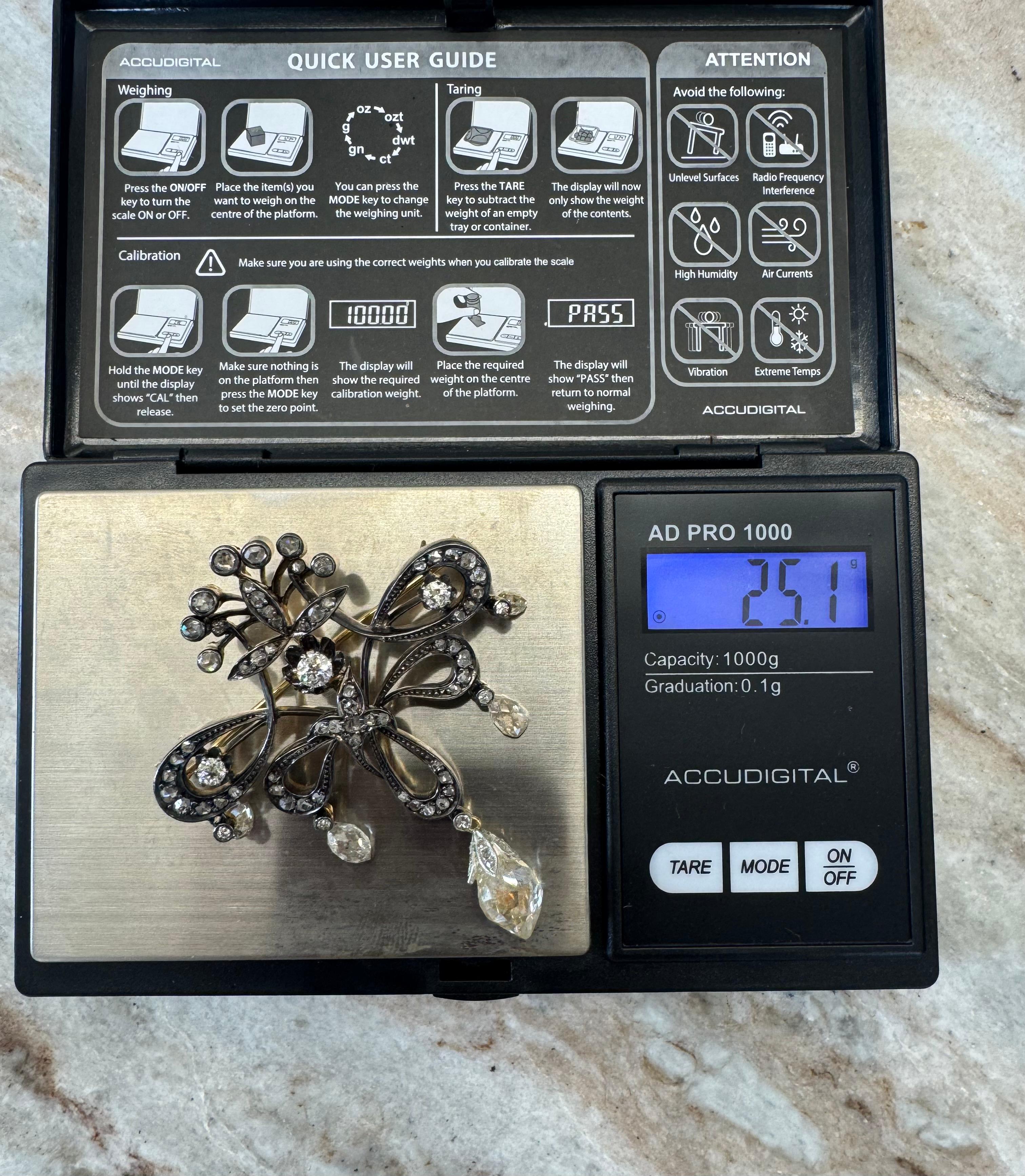 Briolette Cut Victorian Diamond Bow Brooch in 18K Gold and Platinum with Briolette Drops For Sale