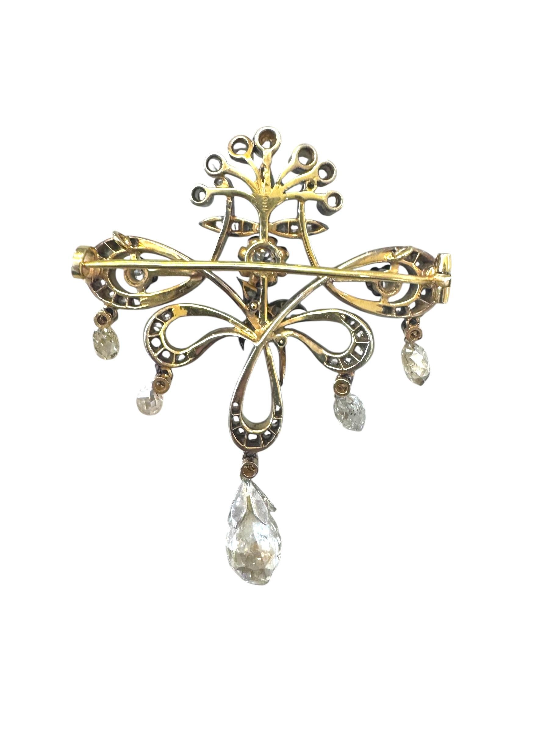 Women's or Men's Victorian Diamond Bow Brooch in 18K Gold and Platinum with Briolette Drops For Sale
