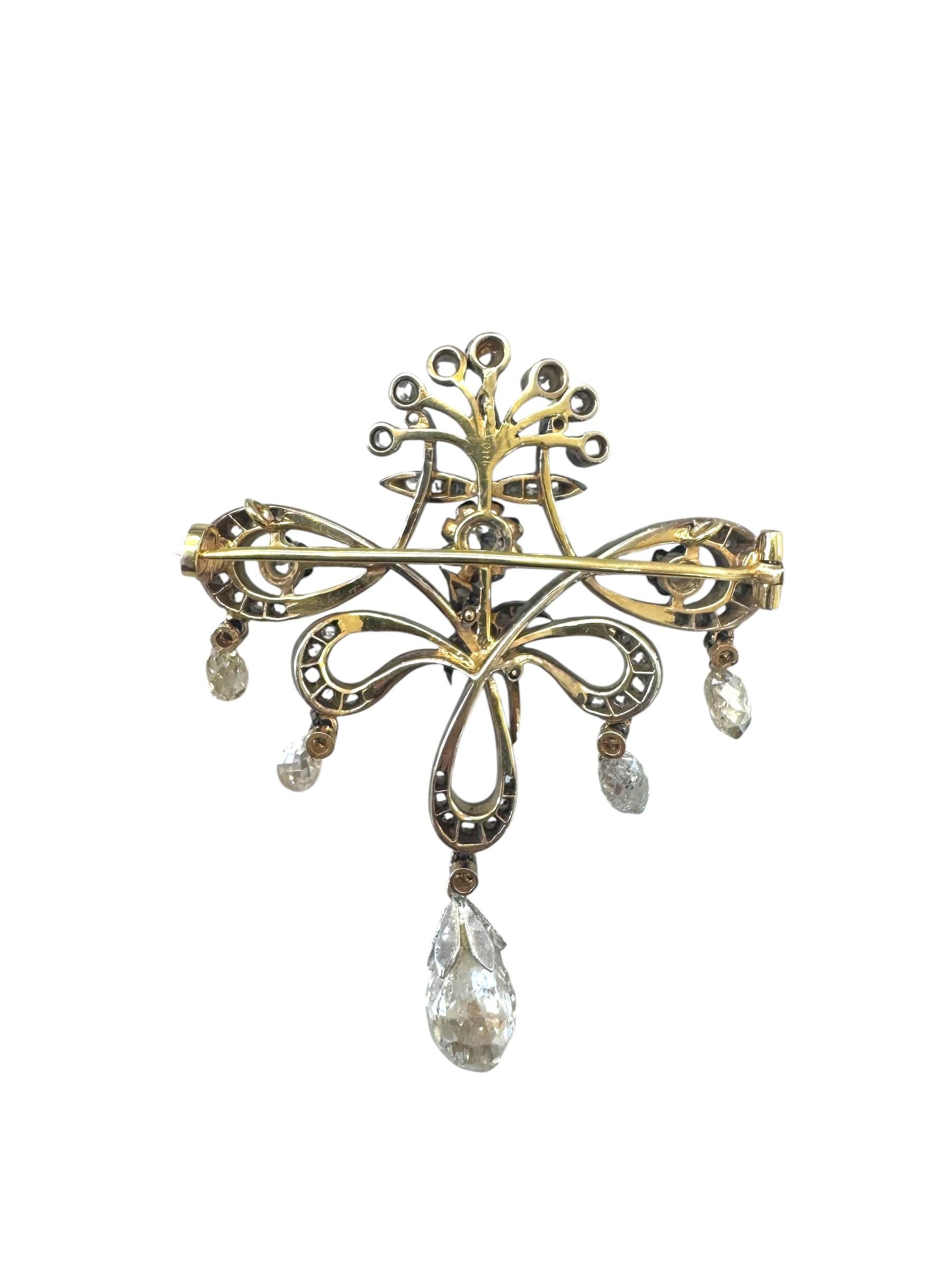 Victorian Diamond Bow Brooch in 18K Gold and Platinum with Briolette Drops For Sale 1
