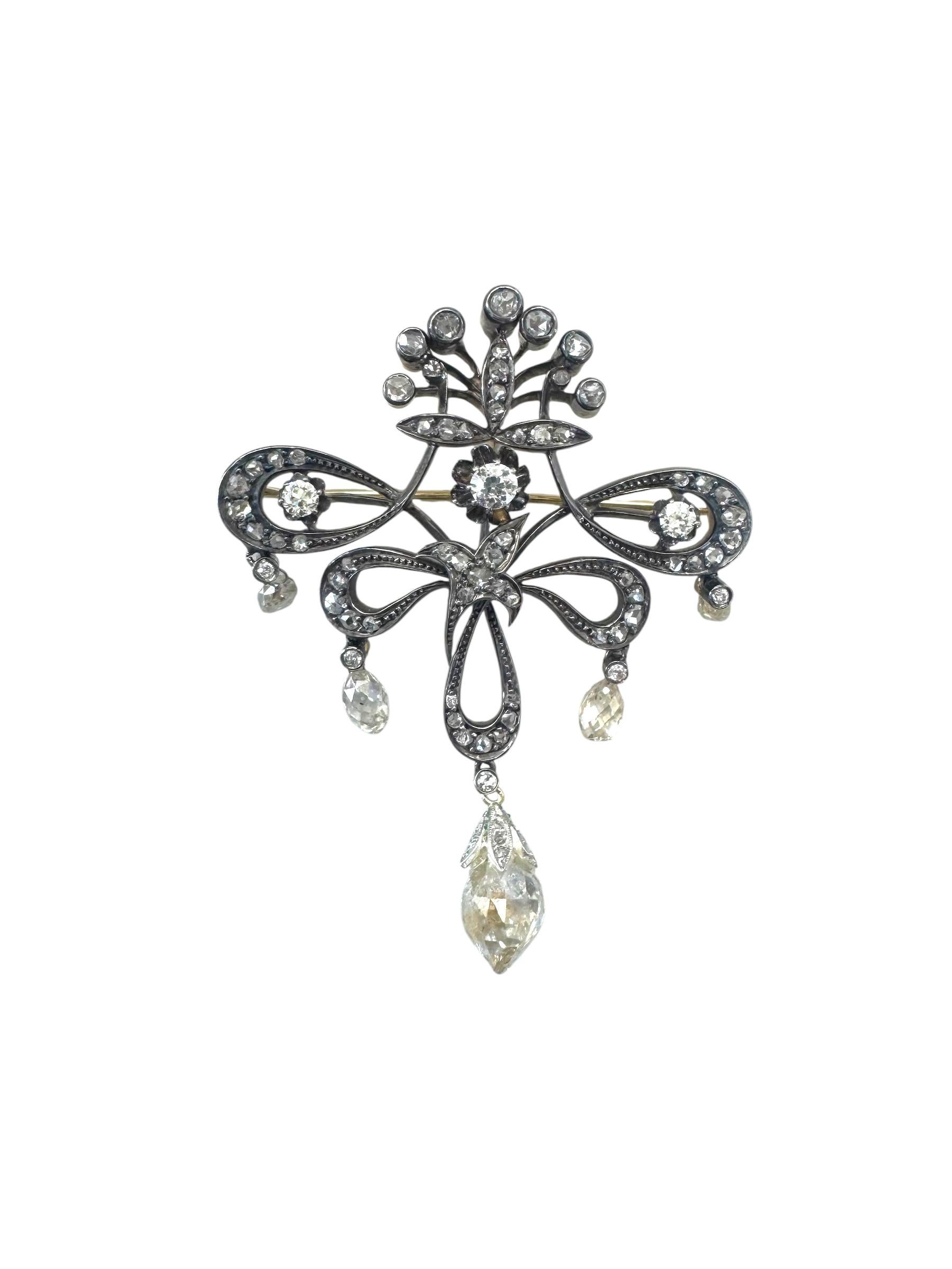 Victorian Diamond Bow Brooch in 18K Gold and Platinum with Briolette Drops For Sale 2
