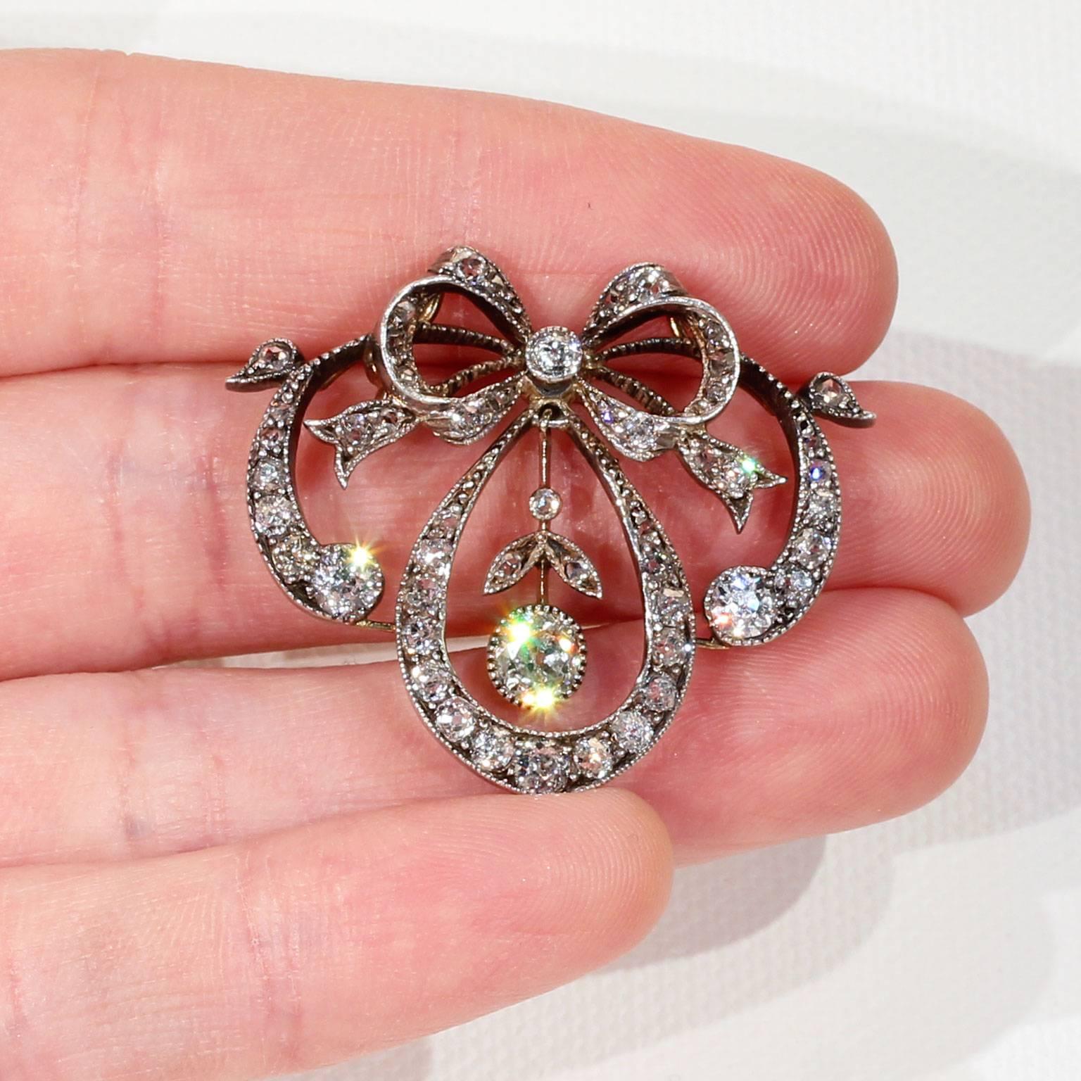Victorian Diamond Bow Pendant Silver over Gold For Sale 1