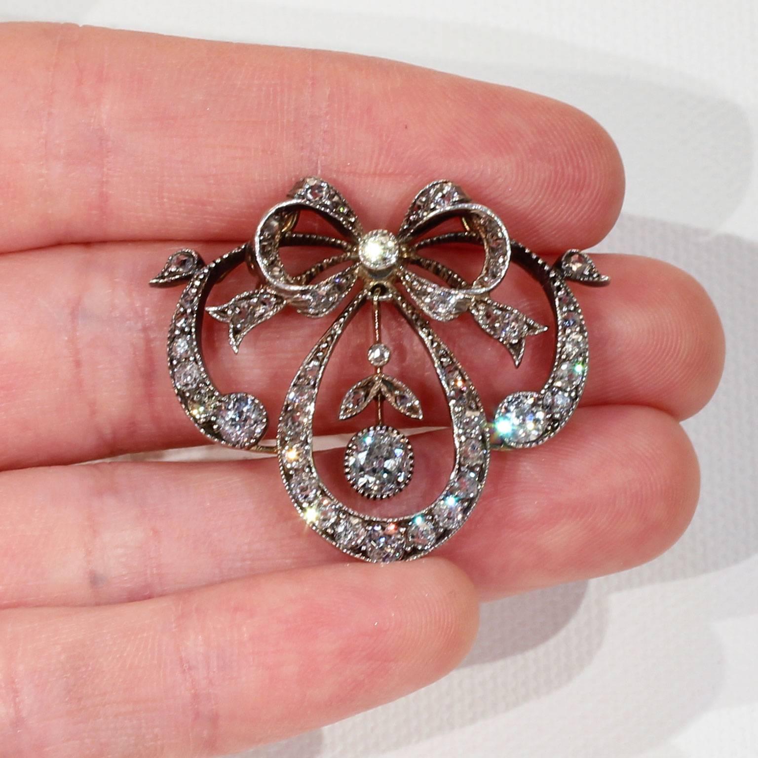 Victorian Diamond Bow Pendant Silver over Gold For Sale 2