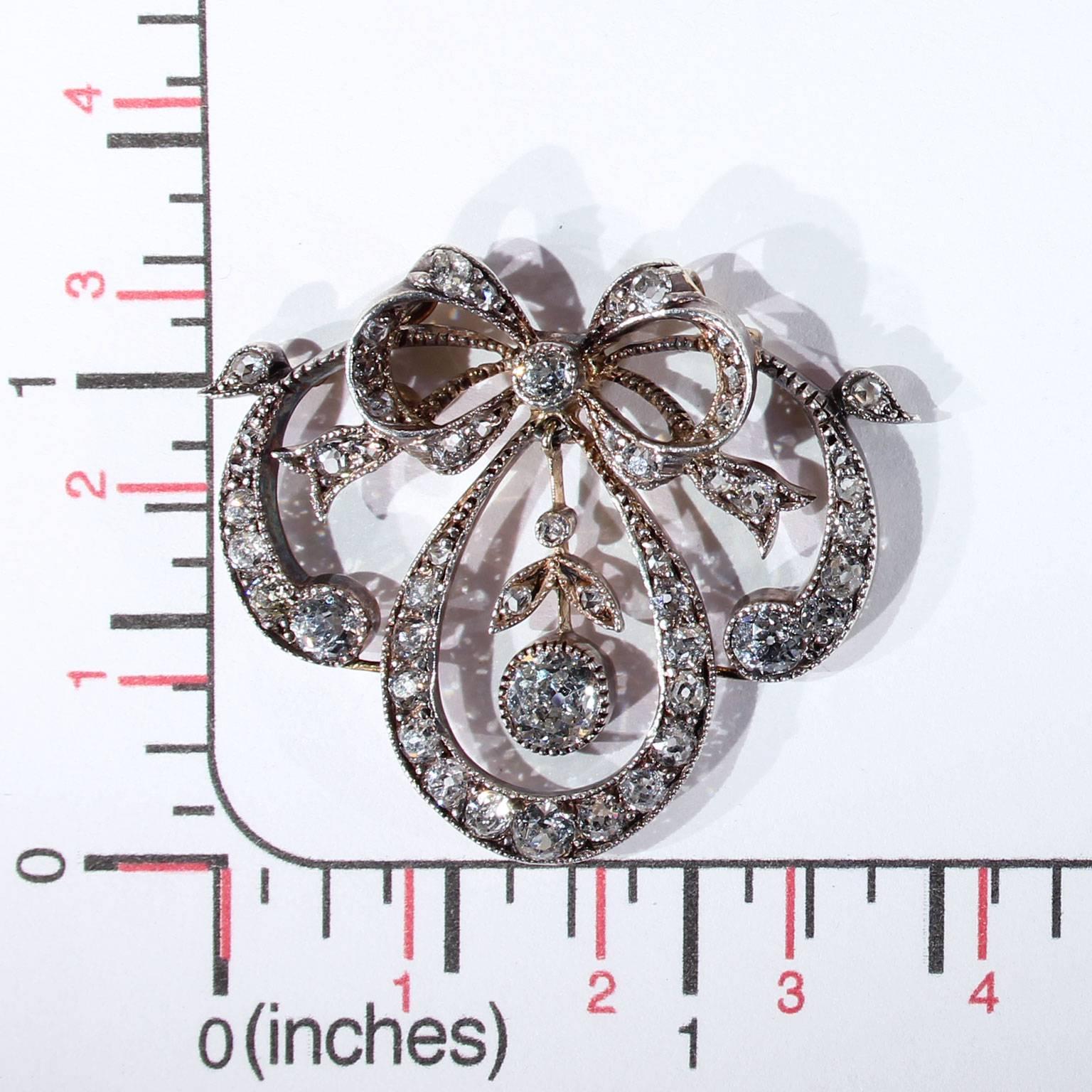 Victorian Diamond Bow Pendant Silver over Gold For Sale 3