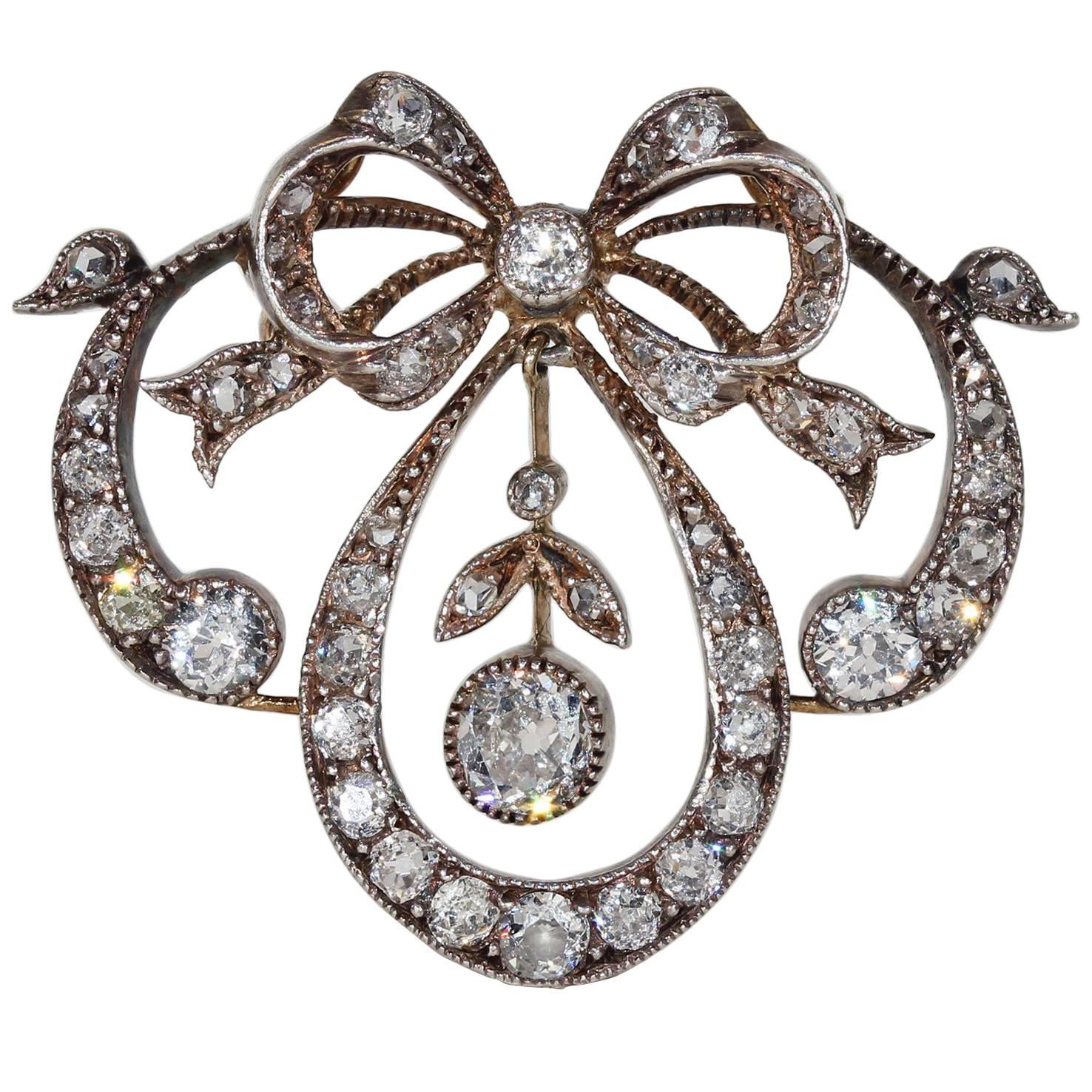 Victorian Diamond Bow Pendant Silver over Gold For Sale