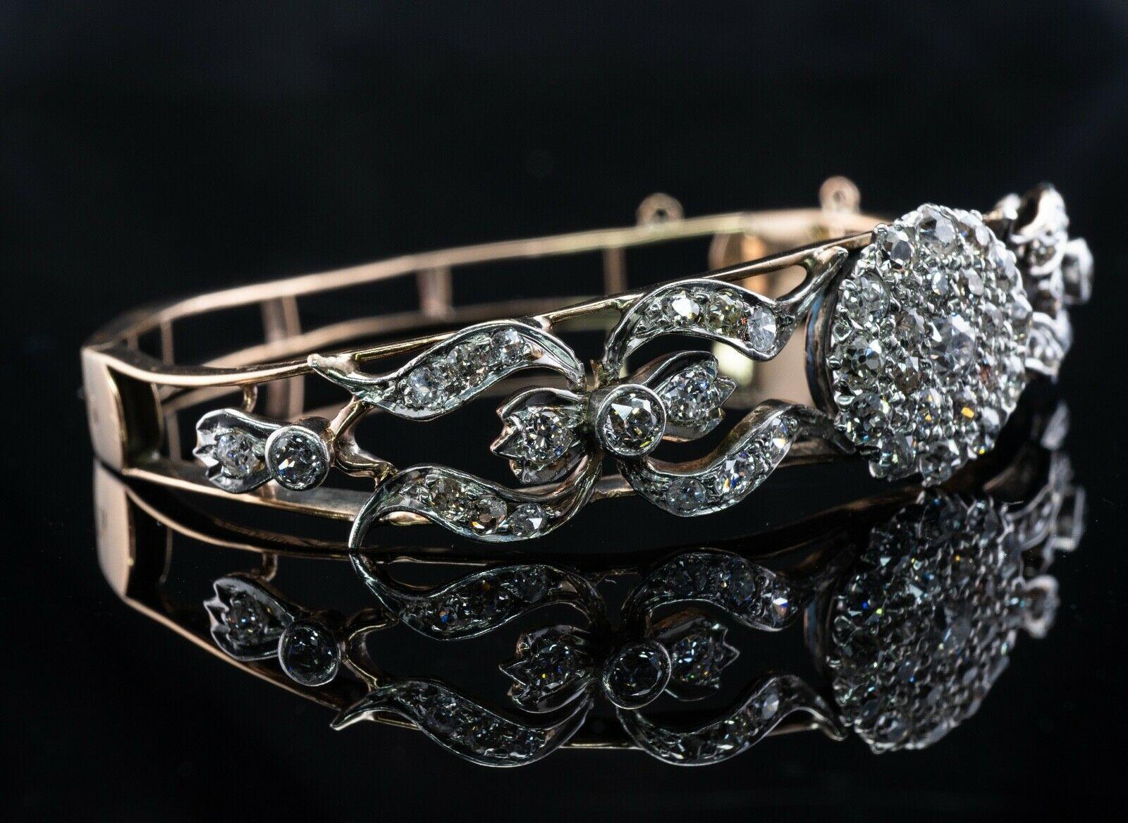 Victorian Diamond Bracelet 14K Gold Bangle Antique 2.49 TDW In Good Condition For Sale In East Brunswick, NJ
