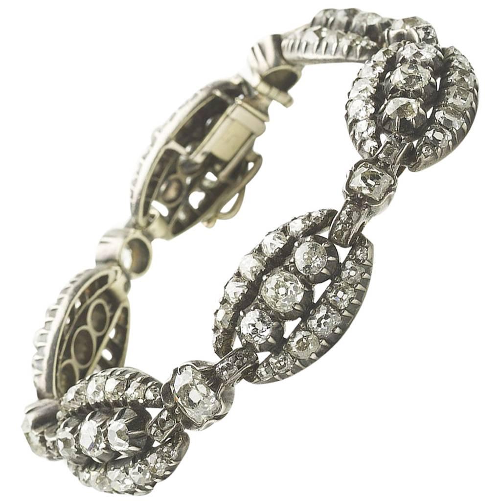 Old Mine Cut Victorian Diamond and Silver Upon Gold Bracelet, 10.50ct, Circa 1870