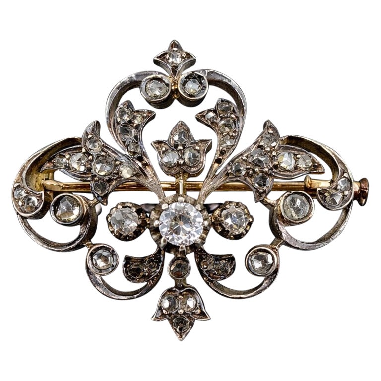 Broche Victoriano de Diamantes - Plata Cubierta de Oro de 18K - Diamantes Viejos Europeos y Rosa