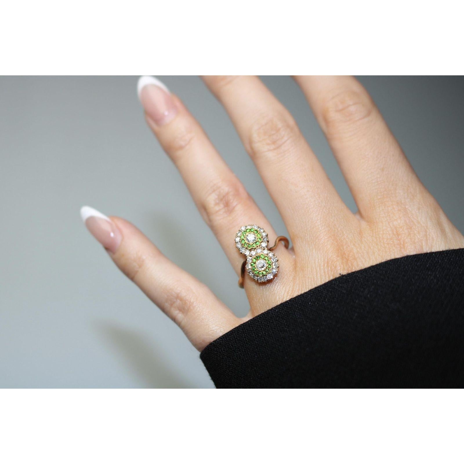 Anello vittoriano con diamante bypassato Granato demantoide in oro giallo 14K misura 7,5 in vendita 5