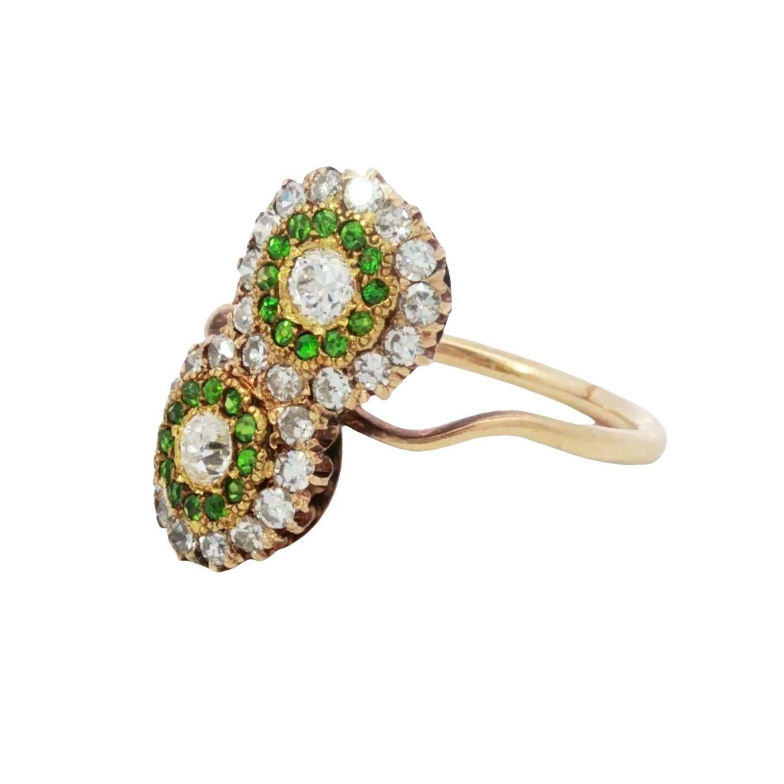 Anello vittoriano con diamante bypassato Granato demantoide in oro giallo 14K misura 7,5 In condizioni buone in vendita a Fairfield, CT