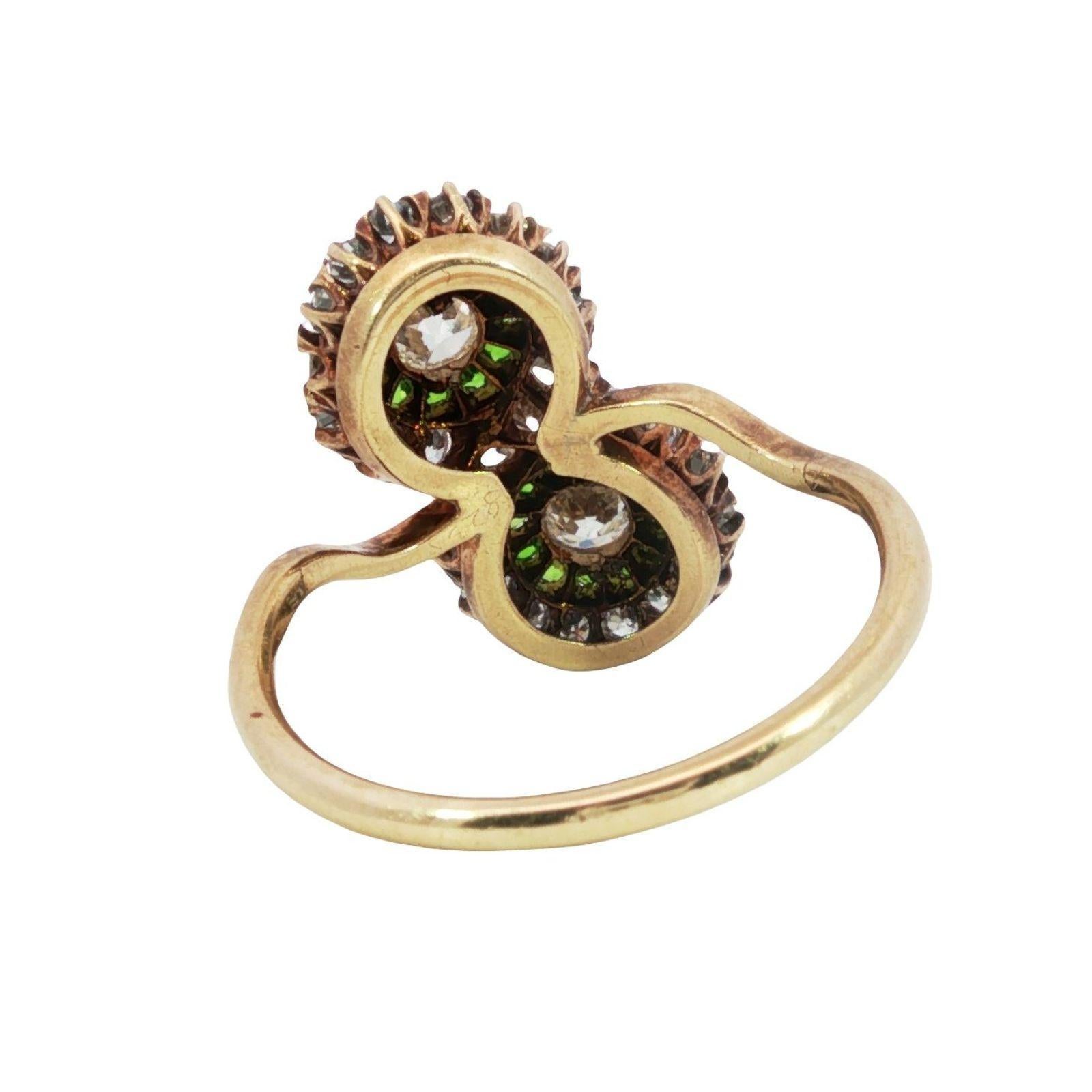 Anello vittoriano con diamante bypassato Granato demantoide in oro giallo 14K misura 7,5 in vendita 2