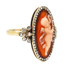 Antiker viktorianischer Diamant-Kamee-Ring, Karneol 14 Karat Gelbgold