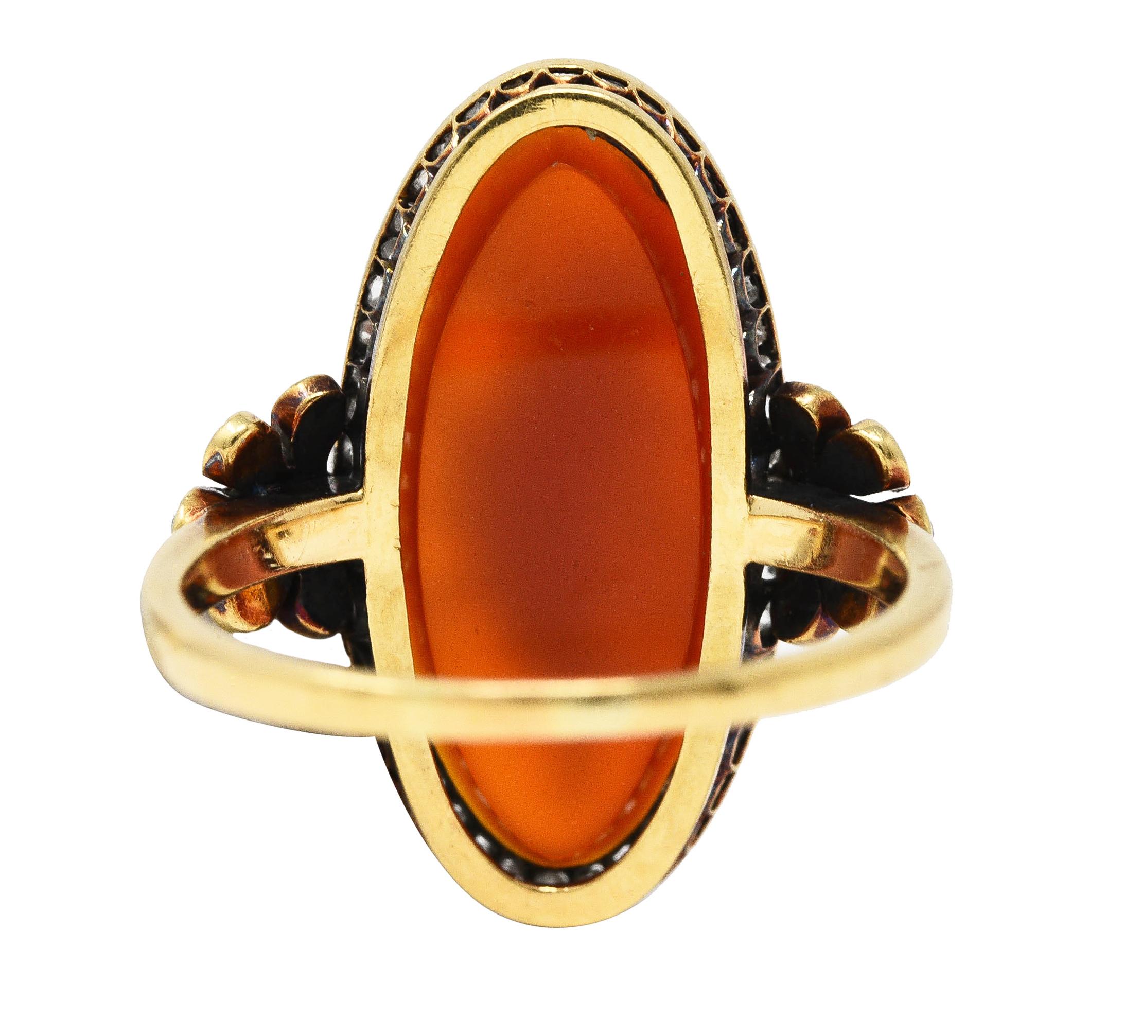 Victorian Diamond Carnelian 14 Karat Yellow Gold Cupid Cameo Antique Ring In Excellent Condition In Philadelphia, PA