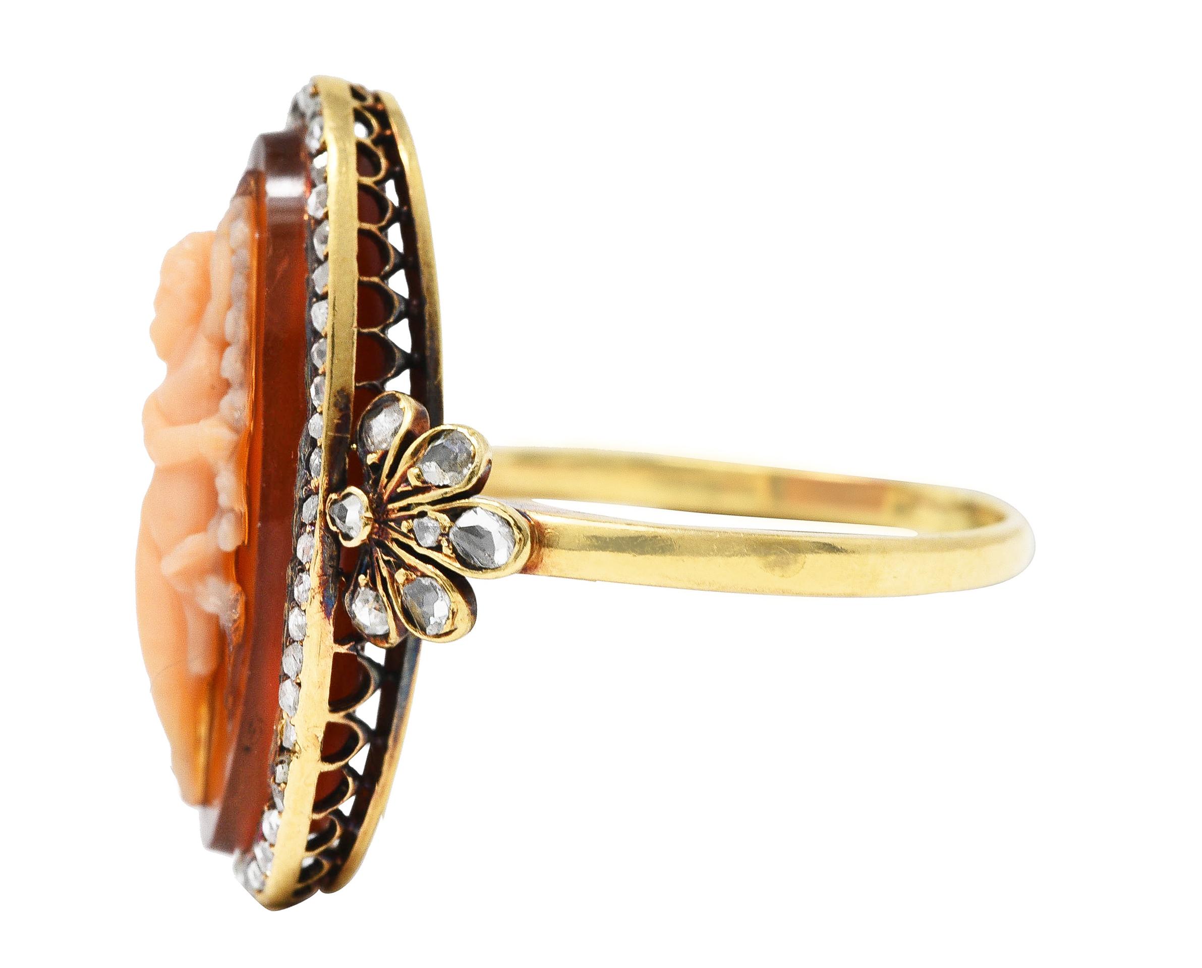 Women's or Men's Victorian Diamond Carnelian 14 Karat Yellow Gold Cupid Cameo Antique Ring