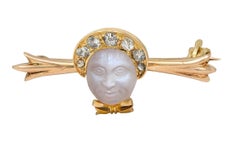 Victorian Diamond Carved Moonstone 14 Karat Yellow Gold Antique Baby Bar Brooch