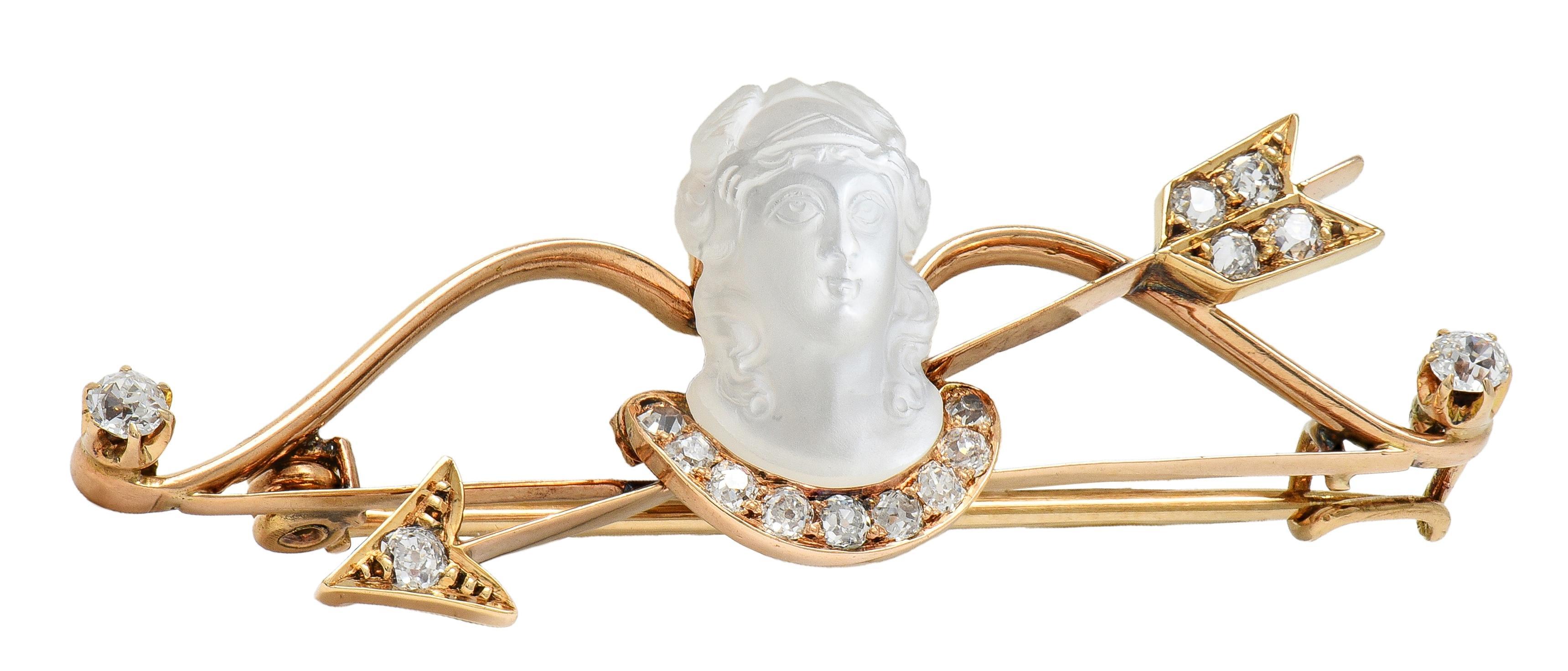 Broche Victoriano Diamante Tallado Piedra Lunar Oro 14K Antiguo Diosa Artemisa