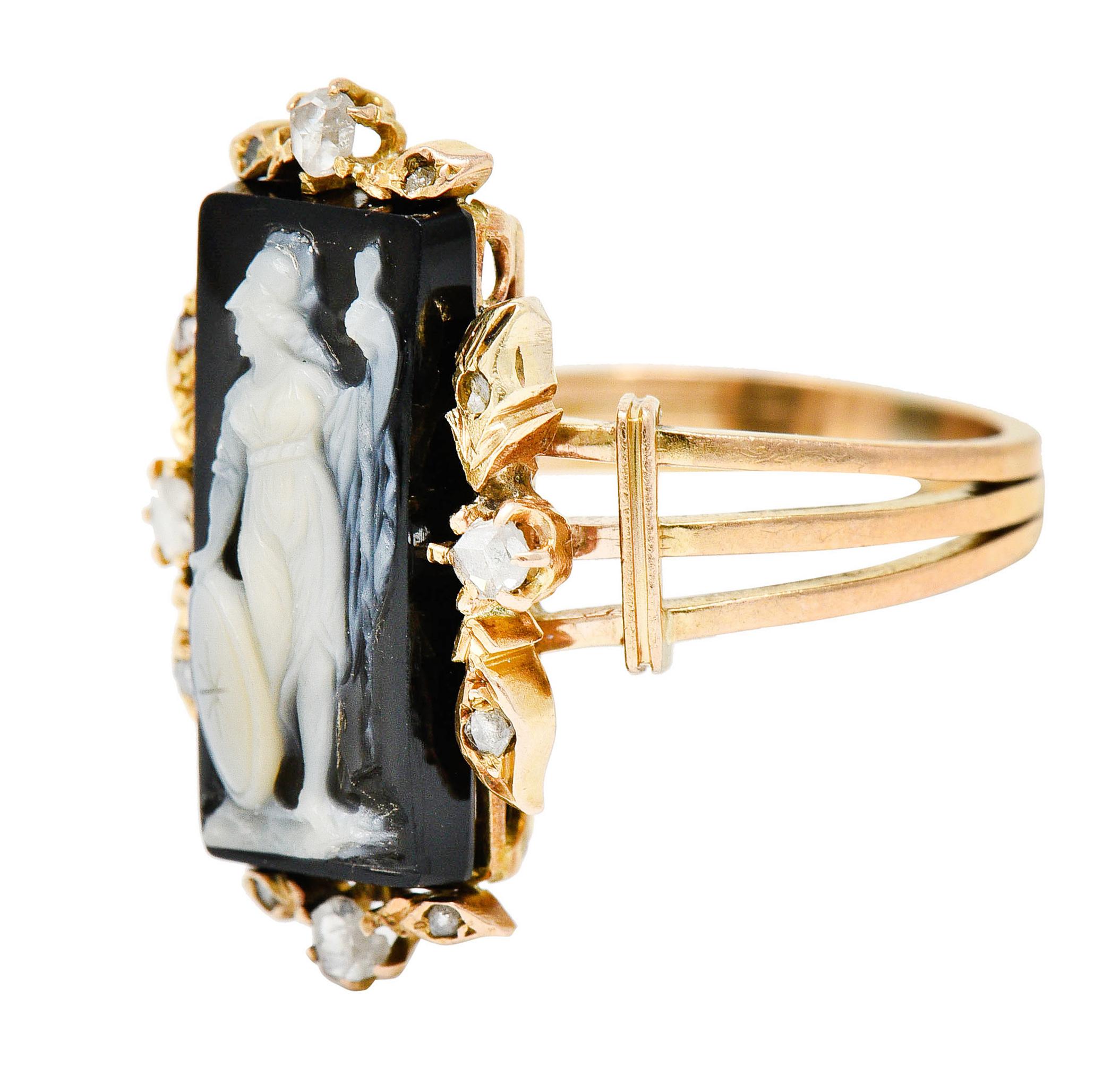 Women's or Men's Victorian Diamond Carved Onyx Agate 18 Karat Gold Athena Ring
