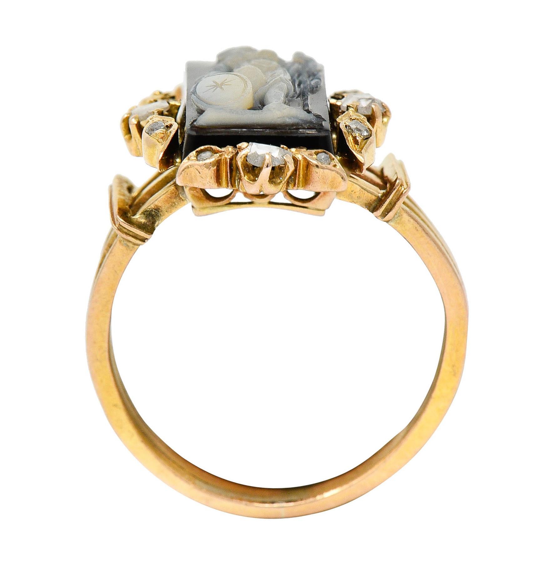Victorian Diamond Carved Onyx Agate 18 Karat Gold Athena Ring 1