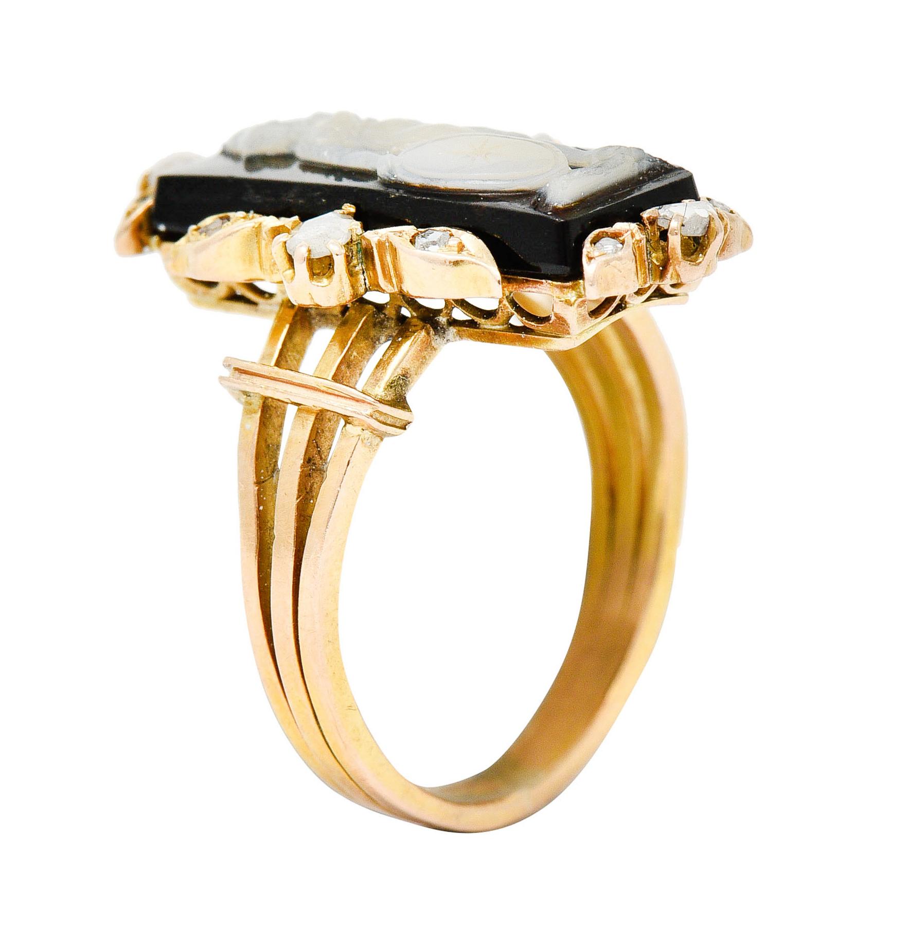 Victorian Diamond Carved Onyx Agate 18 Karat Gold Athena Ring 2