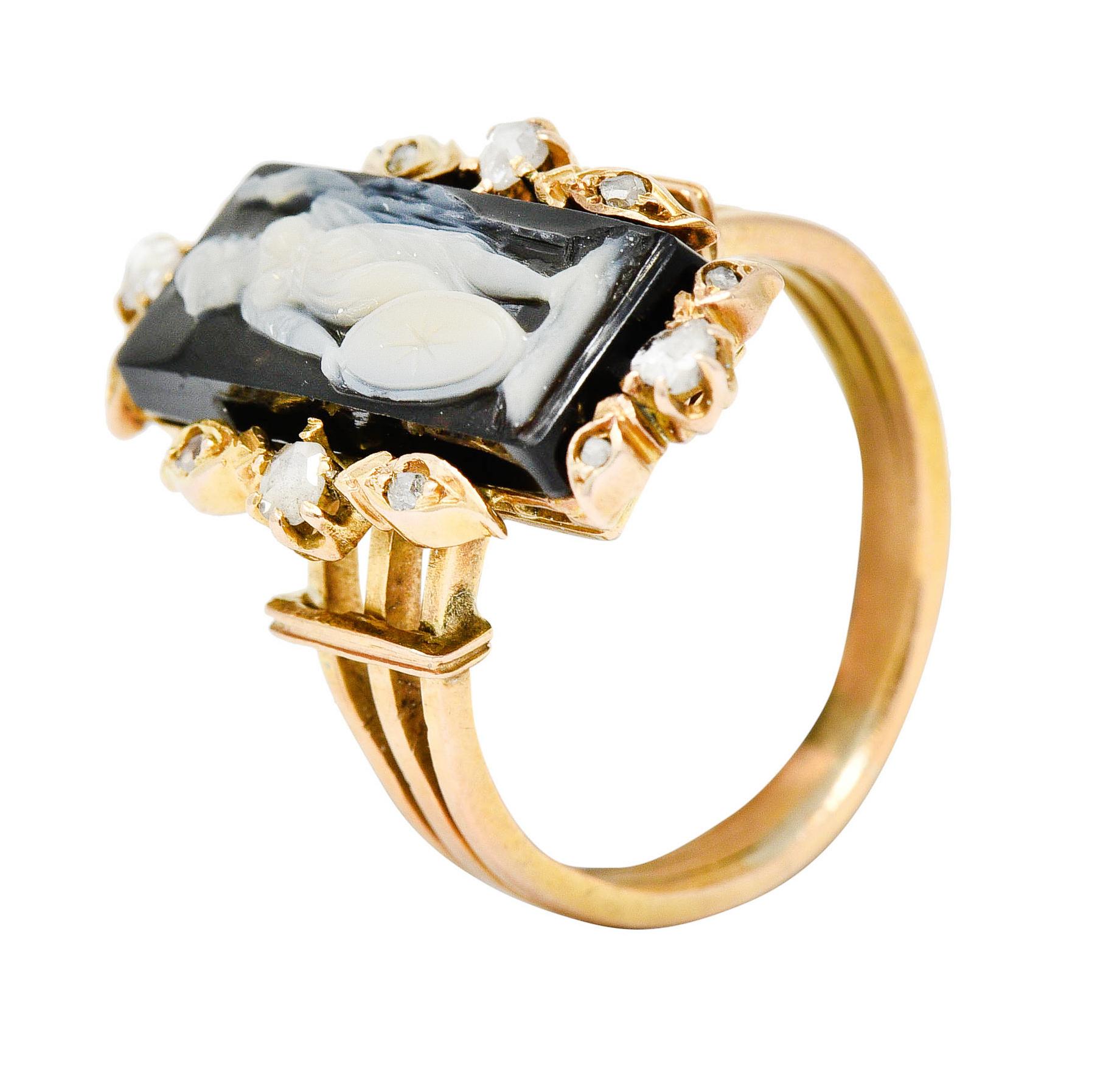 Victorian Diamond Carved Onyx Agate 18 Karat Gold Athena Ring 3