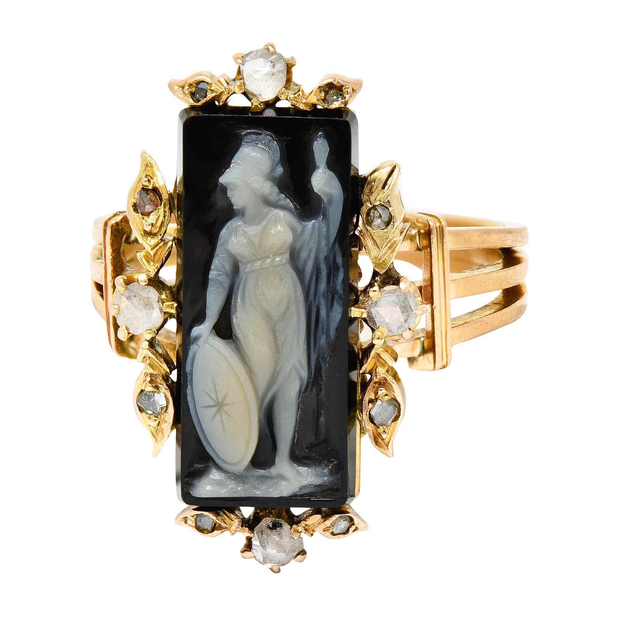 Victorian Diamond Carved Onyx Agate 18 Karat Gold Athena Ring