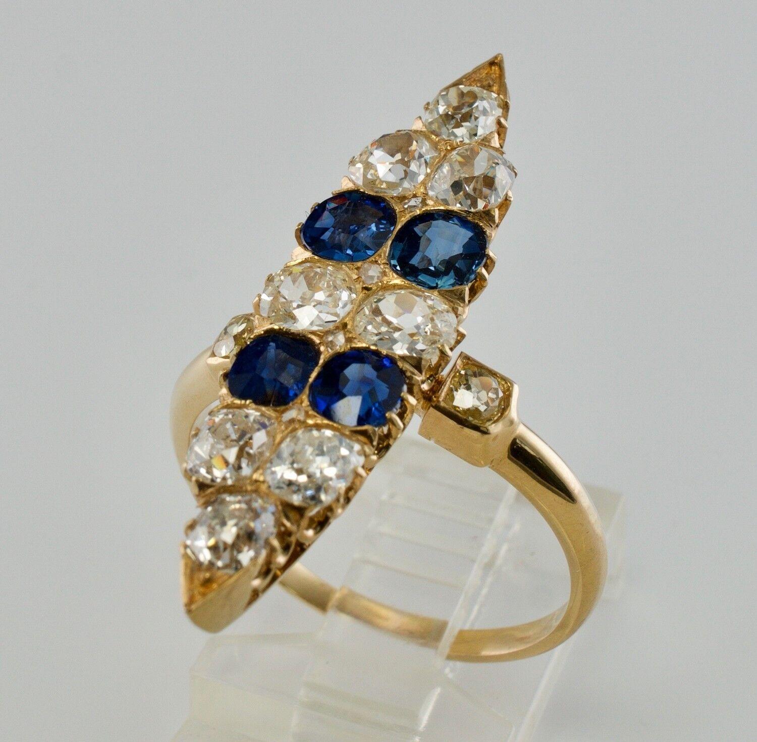 Victorian Diamond Ceylon Sapphire Ring 14K Gold Antique Cocktail For Sale 4
