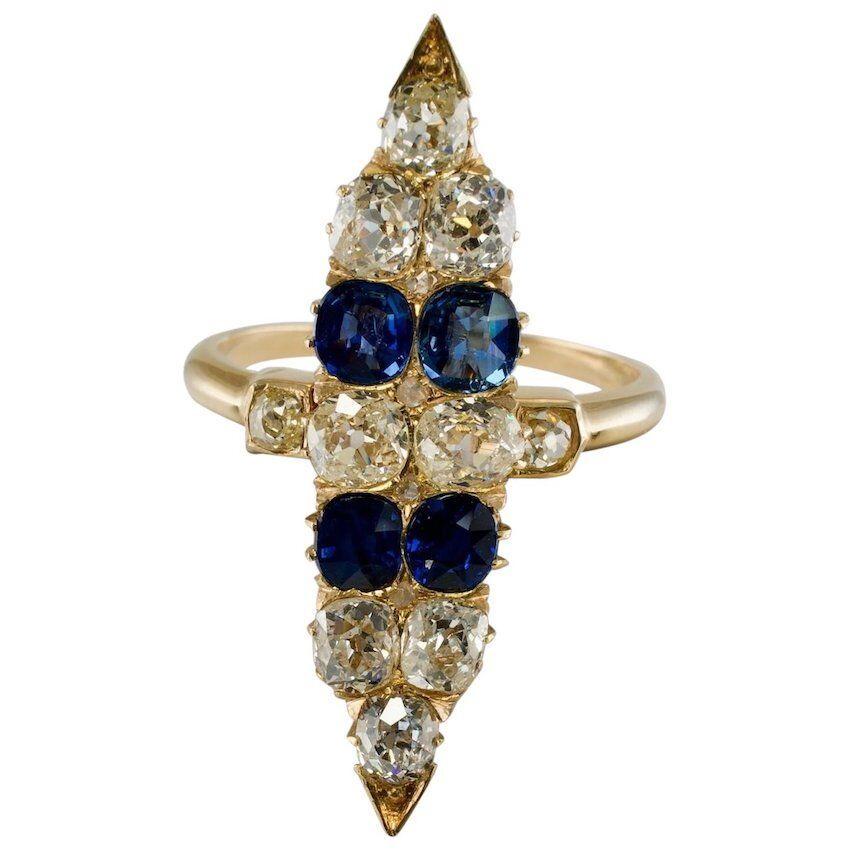 Victorian Diamond Ceylon Sapphire Ring 14K Gold Antique Cocktail

Rare Victorian Ring, Antique Ring, Ceylon Sapphire Ring, Diamond Ring, 14K Gold Ring (carefully tested and guaranteed) Set with Old mine cut Diamonds and Ceylon Sapphires. All gems