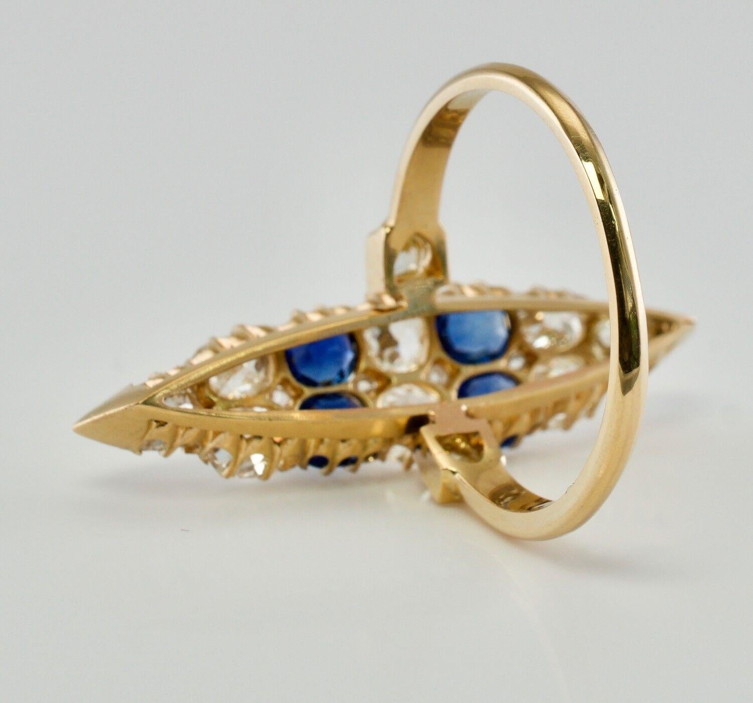 Victorian Diamond Ceylon Sapphire Ring 14K Gold Antique Cocktail For Sale 1