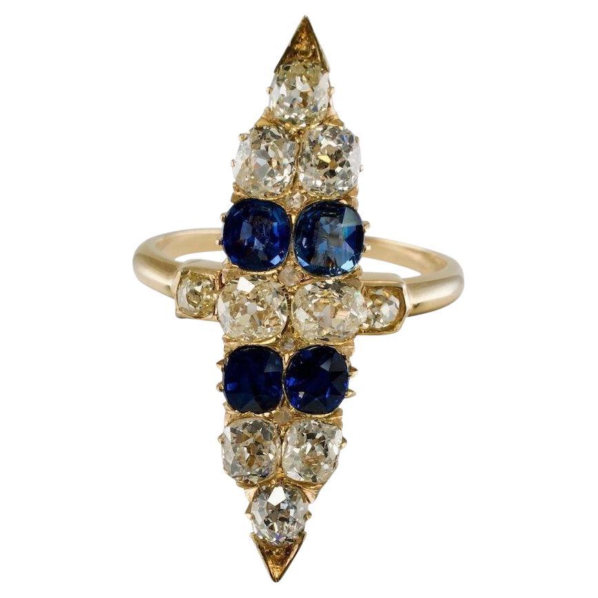 Victorian Diamond Ceylon Sapphire Ring 14K Gold Antique Cocktail