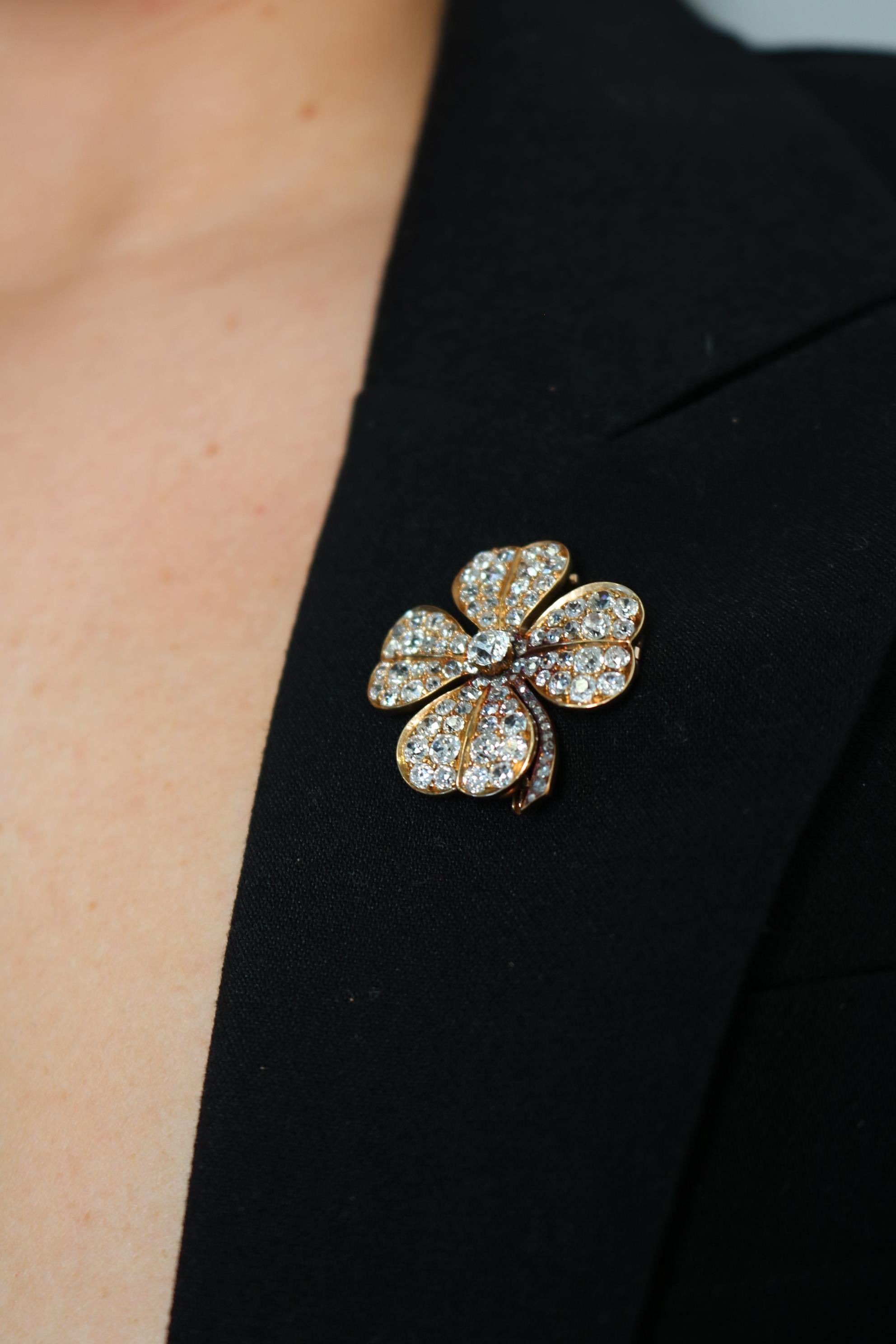 Victorian Diamond Clover Pendant Brooch in 18K Yellow Gold ~6.8ct Diamonds Total For Sale 5