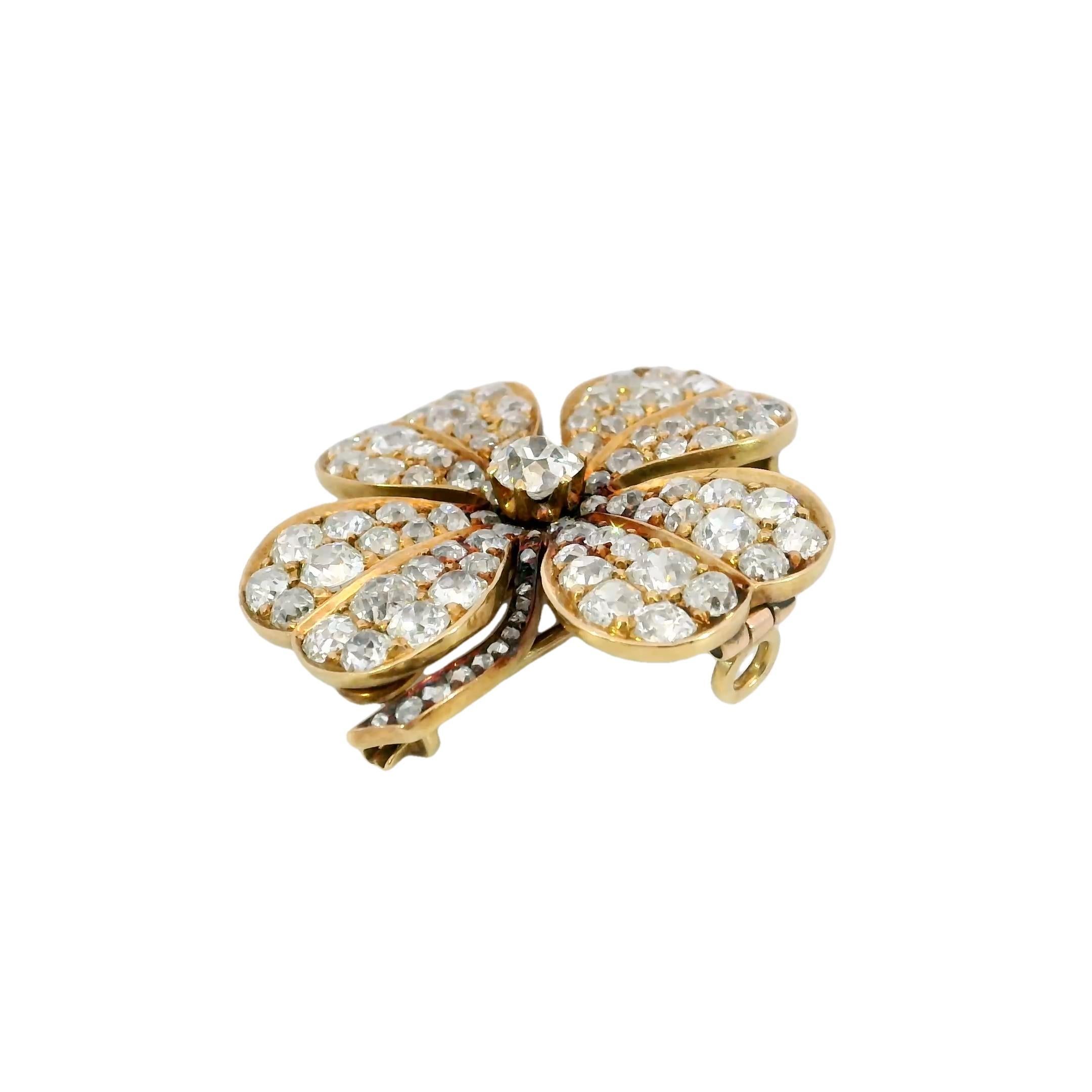 Old Mine Cut Victorian Diamond Clover Pendant Brooch in 18K Yellow Gold ~6.8ct Diamonds Total For Sale