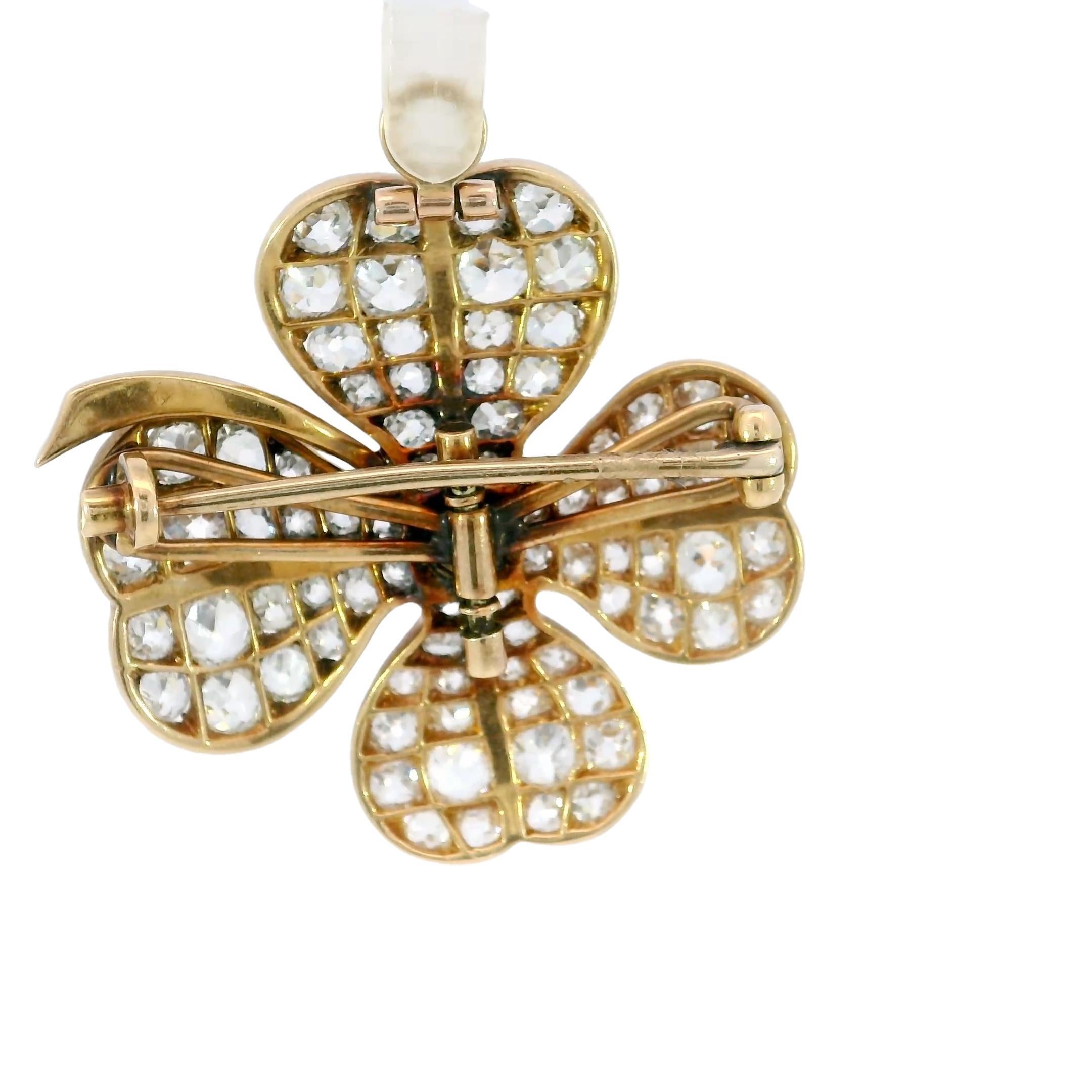 Victorian Diamond Clover Pendant Brooch in 18K Yellow Gold ~6.8ct Diamonds Total For Sale 1