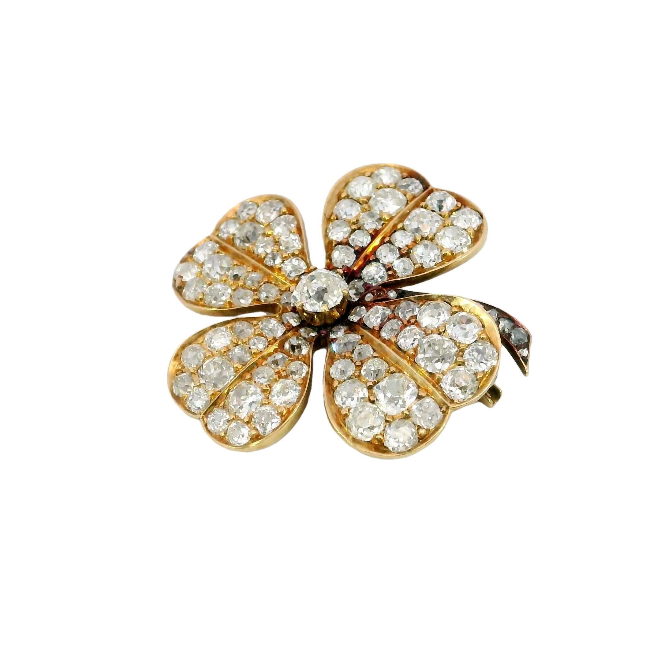 Victorian Diamond Clover Pendant Brooch in 18K Yellow Gold ~6.8ct Diamonds Total For Sale 3