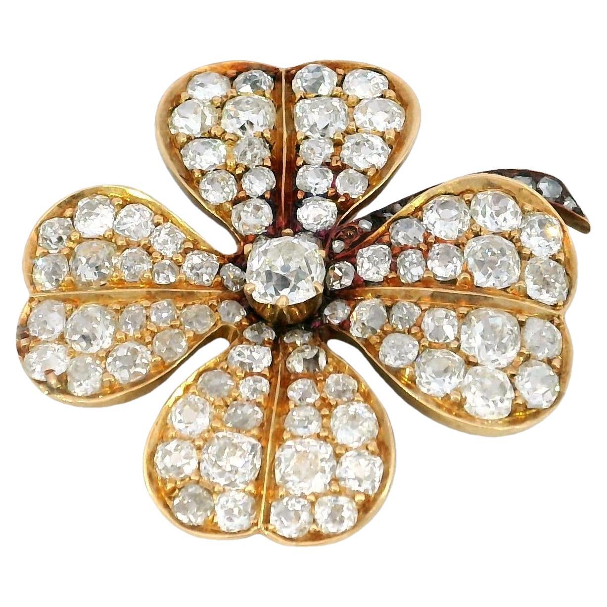 Victorian Diamond Clover Pendant Brooch in 18K Yellow Gold ~6.8ct Diamonds Total
