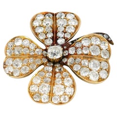 Victorian Diamond Clover Pendant Brooch in 18K Yellow Gold ~6.8ct Diamonds Total