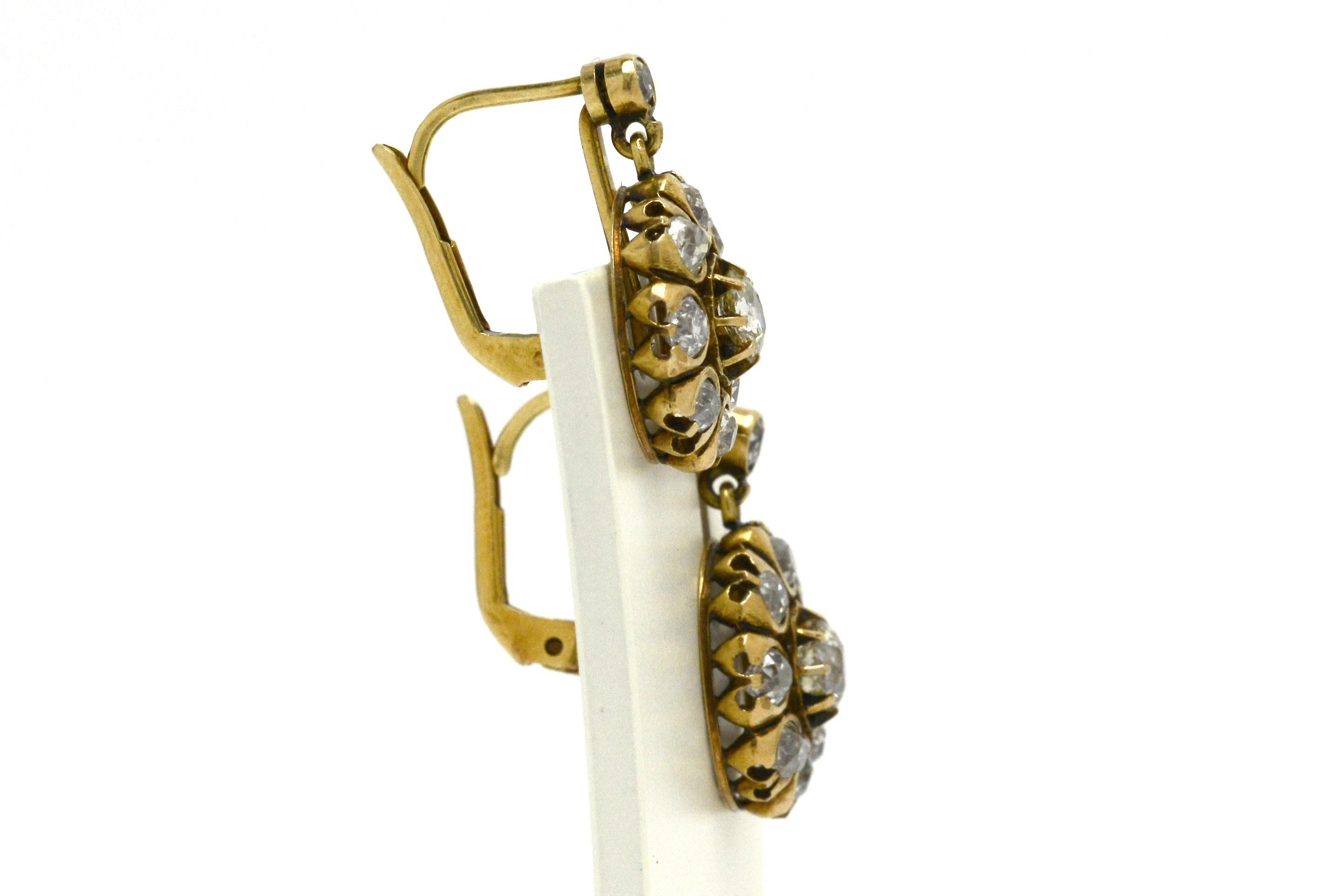 Women's Victorian Diamond Cluster Drop Earrings 18 Karat Yellow Gold Dangle Old Mine Cut