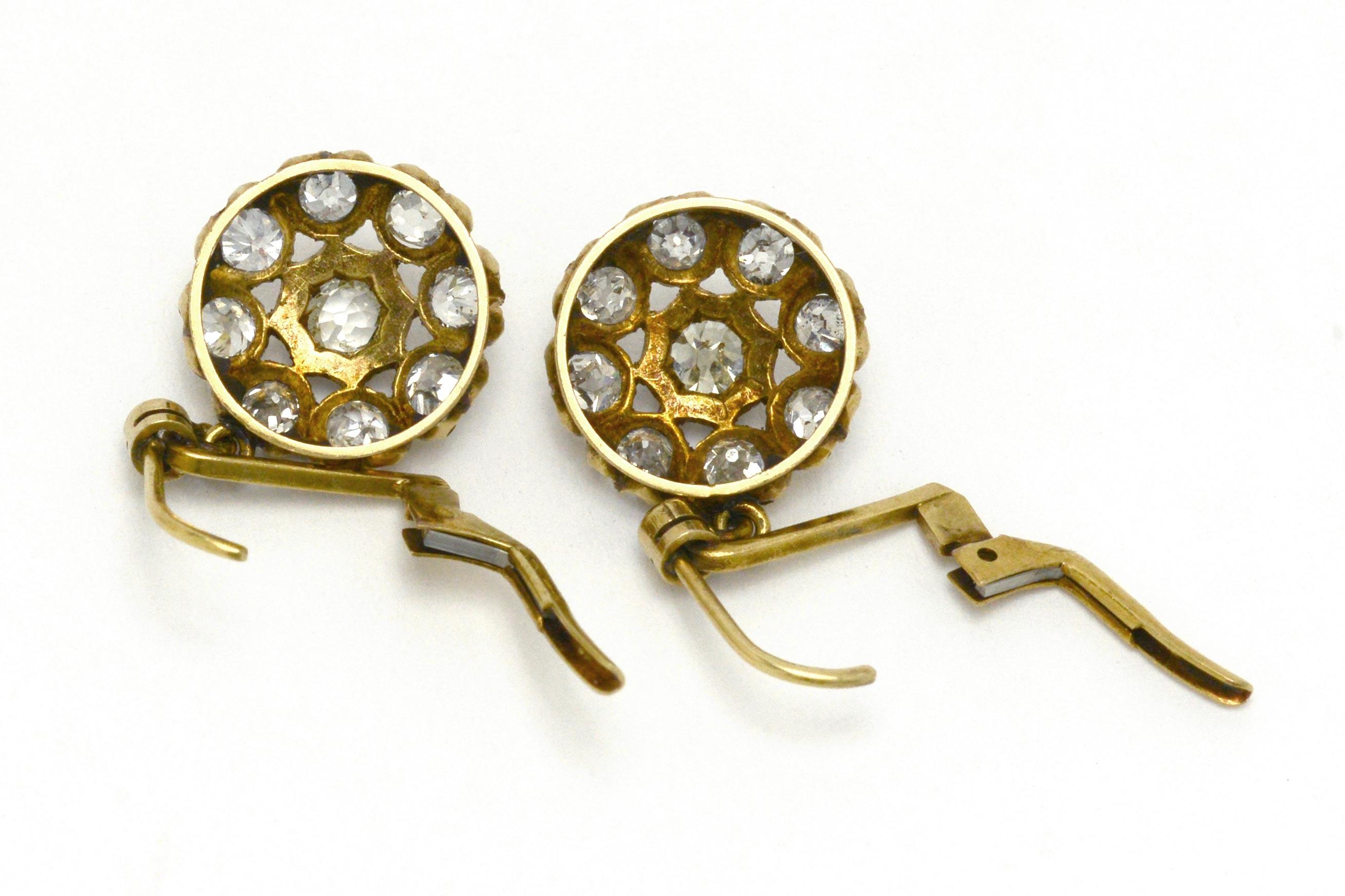 Victorian Diamond Cluster Drop Earrings 18 Karat Yellow Gold Dangle Old Mine Cut 1
