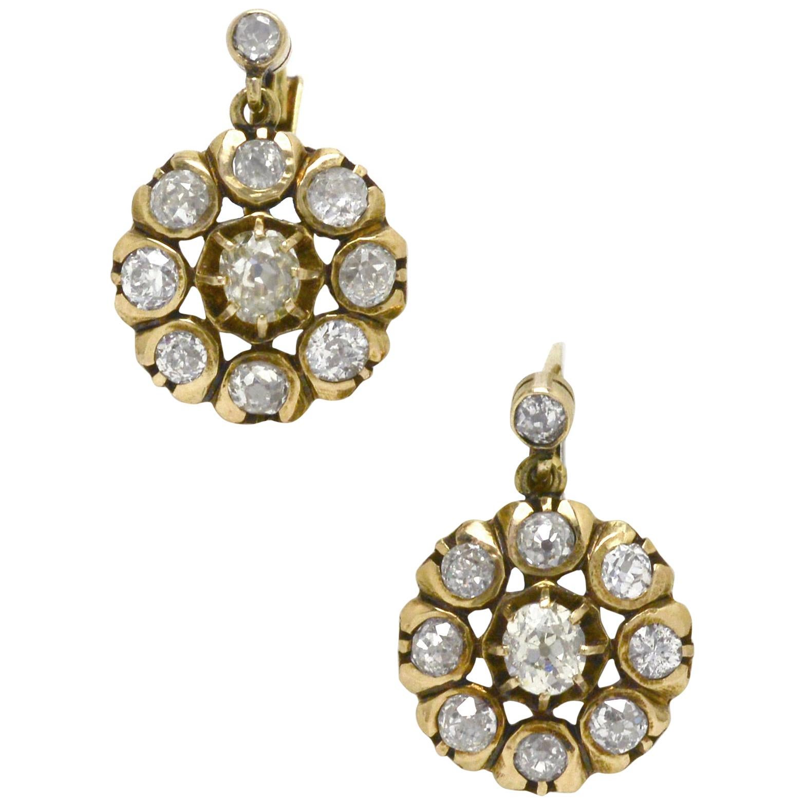 Victorian Diamond Cluster Drop Earrings 18 Karat Yellow Gold Dangle Old