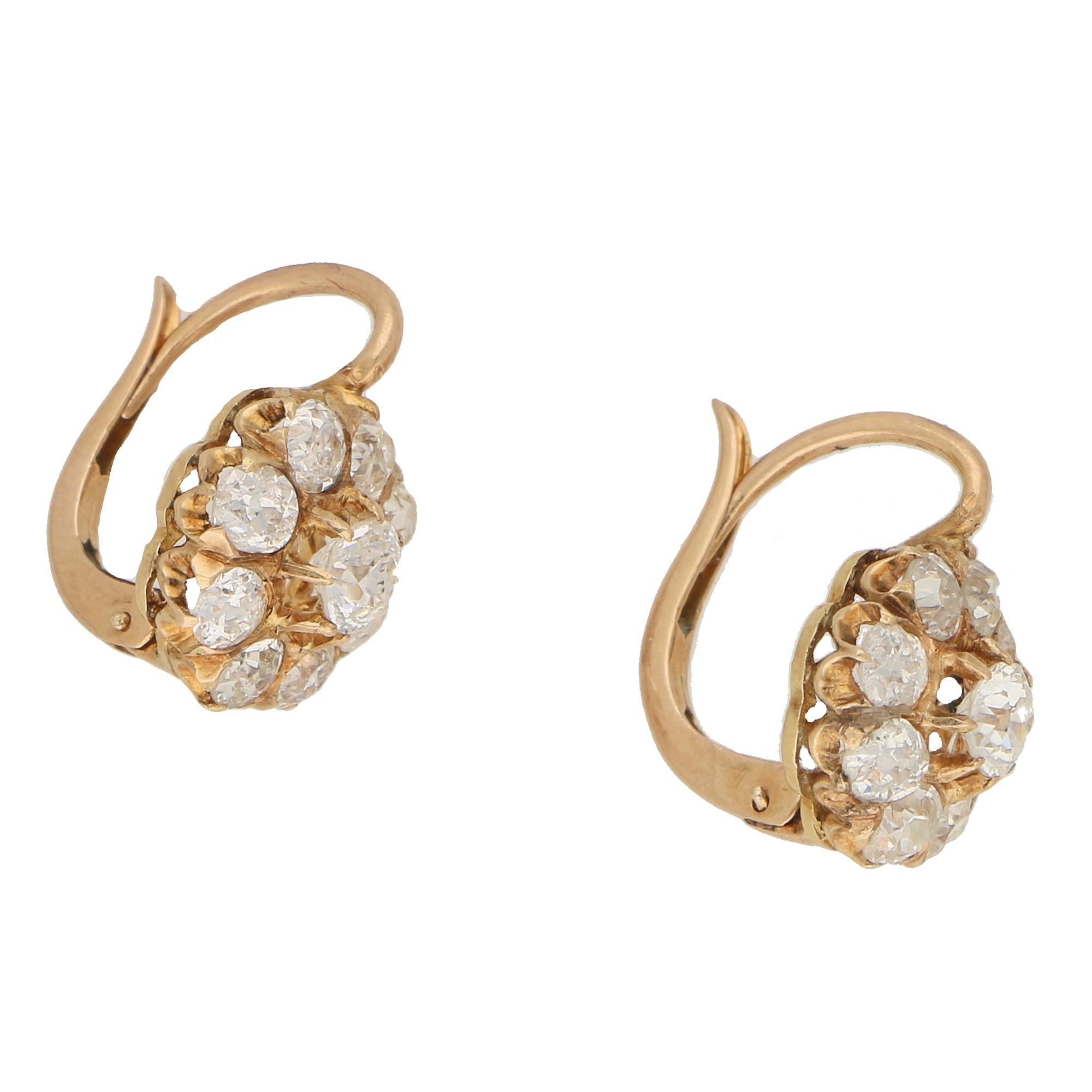 Late Victorian Victorian Diamond Cluster Earrings Set in Yellow Gold