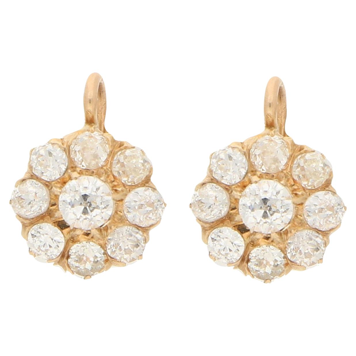 Victorian Diamond Cluster Earrings Set in Yellow Gold