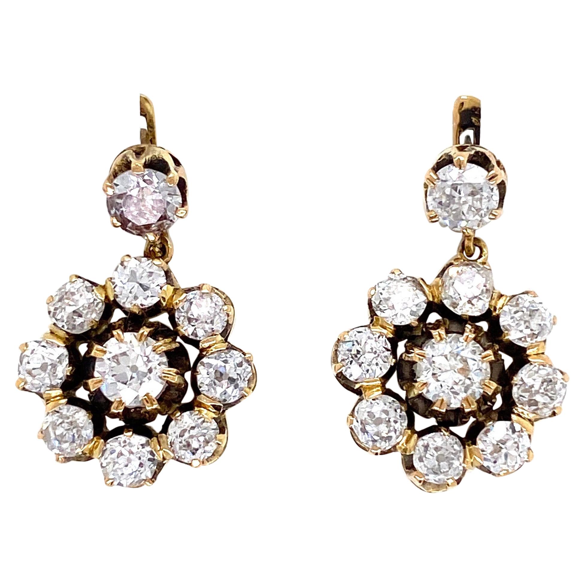 Victorian Diamond Cluster Gold Earrings Estate Fine Jewelry