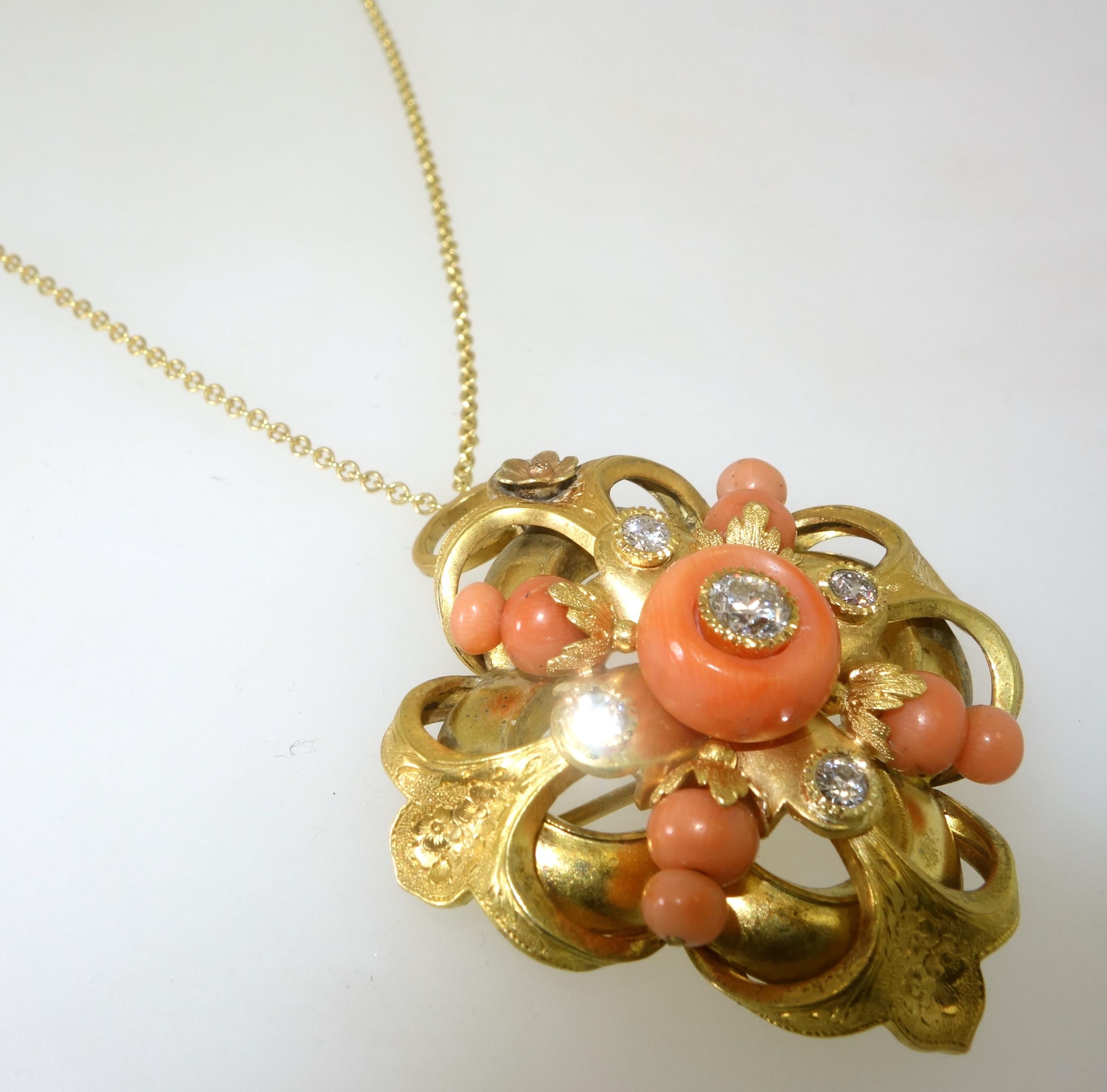 Women's or Men's Victorian Diamond, Coral and Gold Pendant/Brooch