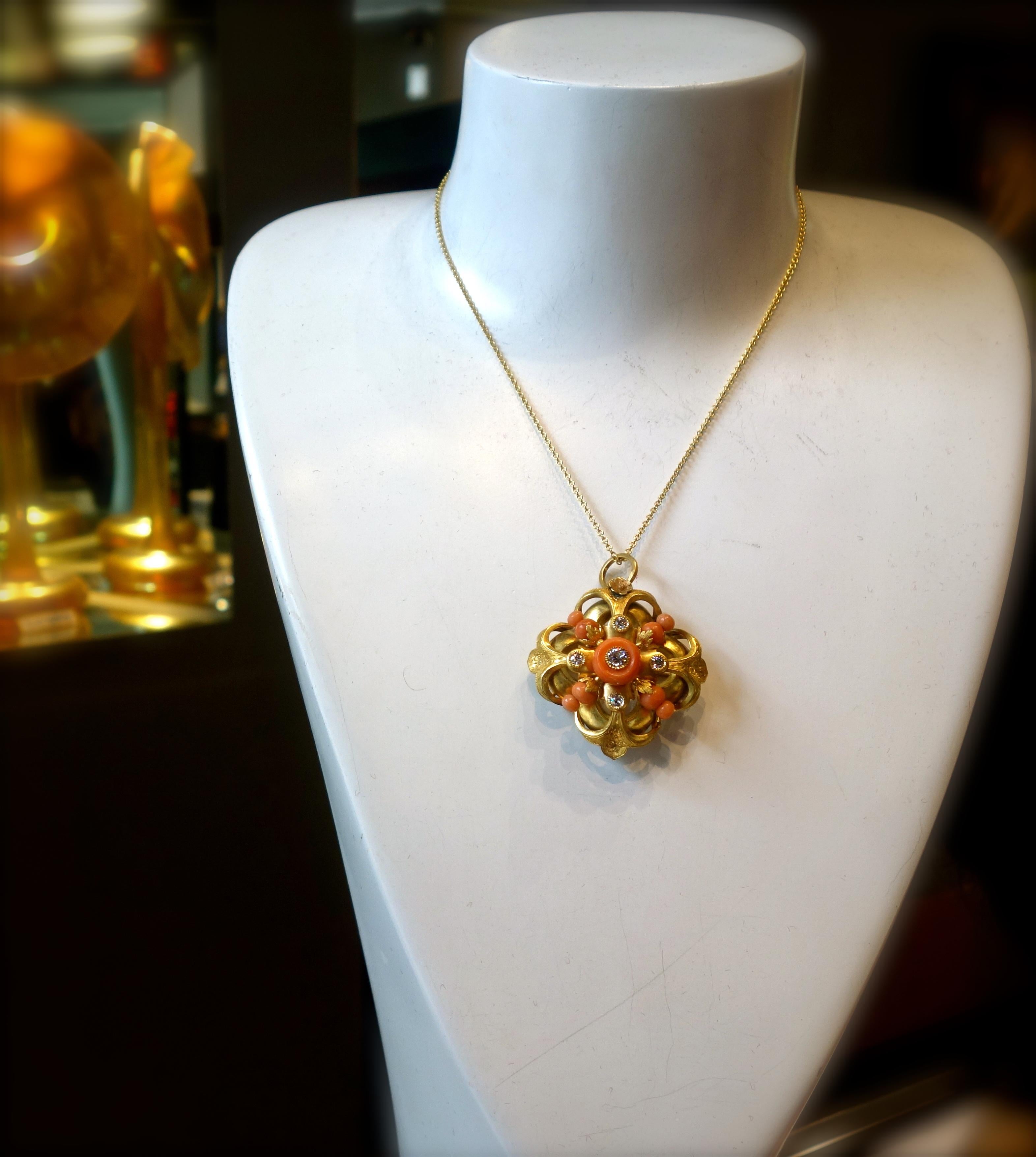 Victorian Diamond, Coral and Gold Pendant/Brooch 2