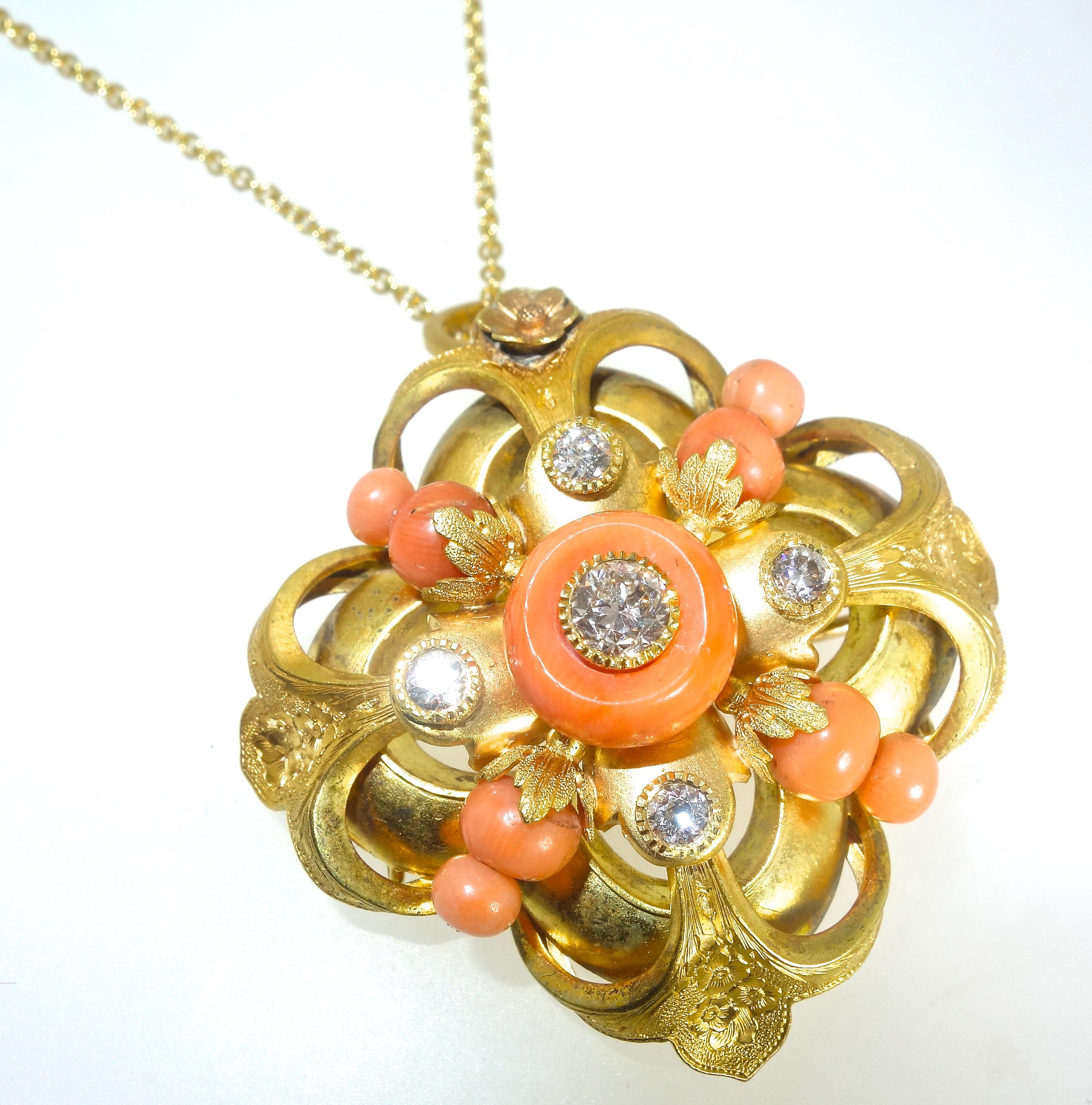Victorian Diamond, Coral and Gold Pendant/Brooch 5