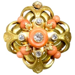 Victorian Diamond, Coral and Gold Pendant/Brooch