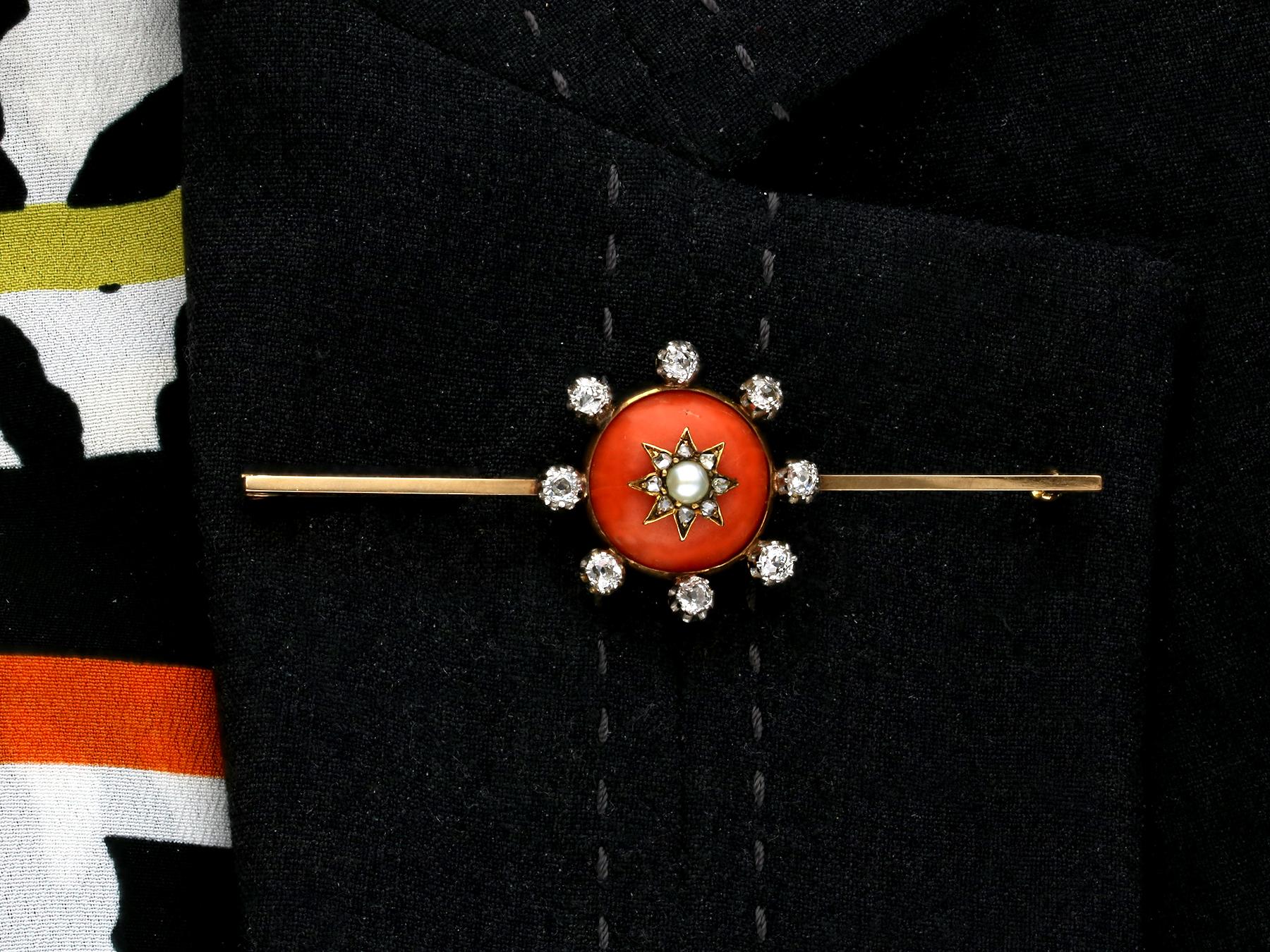Victorian Diamond Coral and Pearl Yellow Gold Bar Brooch For Sale 5