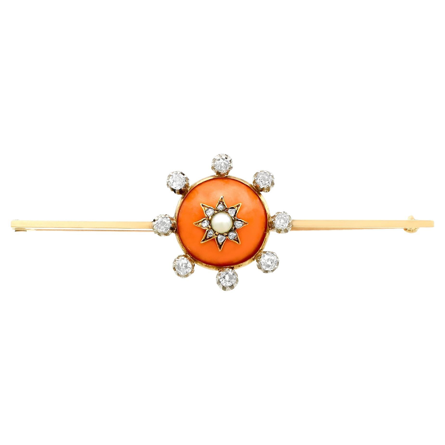 Victorian Diamond Coral and Pearl Yellow Gold Bar Brooch