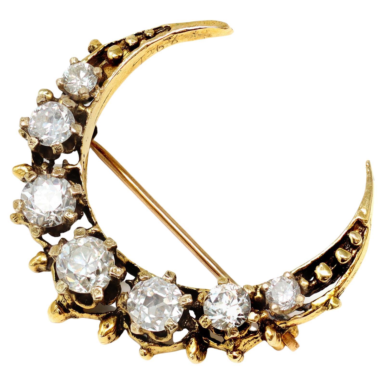 Victorian Diamond Crescent Brooch in 14 Karat Gold For Sale