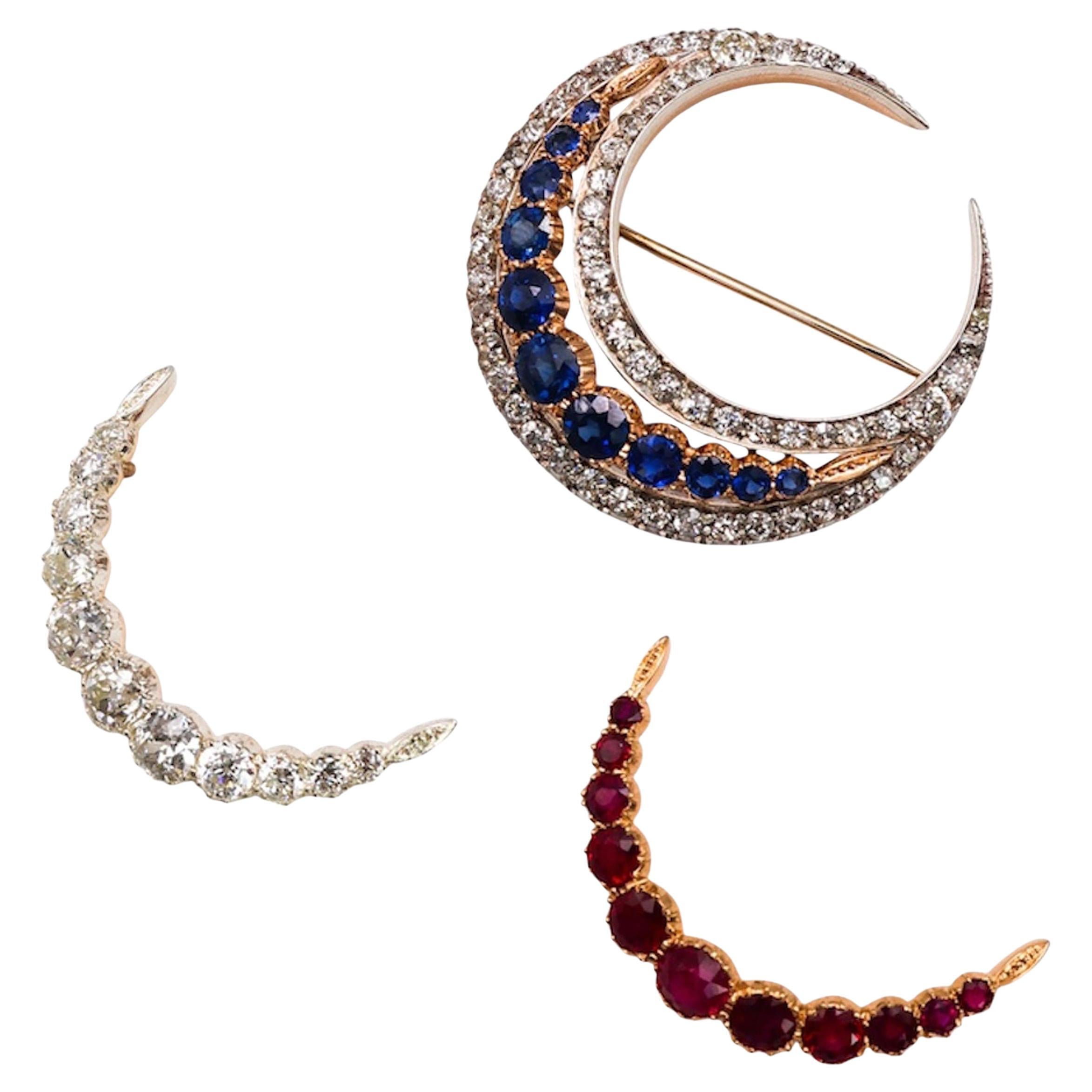 Victorian Diamond Crescent Brooch, with Sapphire, Ruby and Diamond Inserts